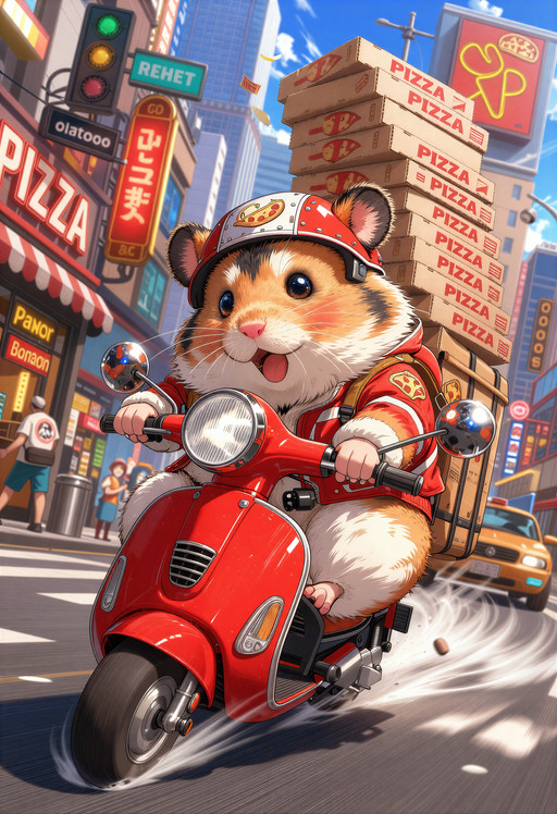 A cute hamster as the main character, illustrated in a full anime style, delivering pizza through a lively city on a scooter. The hamster is fluffy, round, and expressive, with large shiny anime eyes, tiny paws gripping the handlebars, and an energetic, determined facial expression. It is riding a small retro scooter through a busy urban street, carrying a stack of pizza boxes secured on the back or balanced for delivery. The scene should feel playful, funny, and full of motion.  Show the hamster driving quickly through a colorful city environment with storefronts, glowing signs, streetlights, windows, traffic, and pedestrians in the background. Add a sense of speed with motion blur in the wheels, road, and passing surroundings, while keeping the hamster and scooter as the clear focal point. The composition should be vertical and dynamic, with a slightly low camera angle to make the hamster feel heroic and amusing at the same time.  Use a polished modern anime illustration style with clean linework, expressive character design, soft but vivid shading, bright colors, and cinematic lighting. The city should feel alive and slightly exaggerated, with a fun, whimsical mood. Include small visual storytelling details such as fluttering delivery slips, bouncing pizza boxes, a little delivery bag, and wind moving the hamsterâs fur slightly. The overall image should be humorous, charming, energetic, and visually rich, like a scene from a colorful anime movie or high-quality anime poster. <lora:ZIT_3xperiment0:0.1> <lora:ZIT_TA86_Anime_Lab_Style3:0.2>