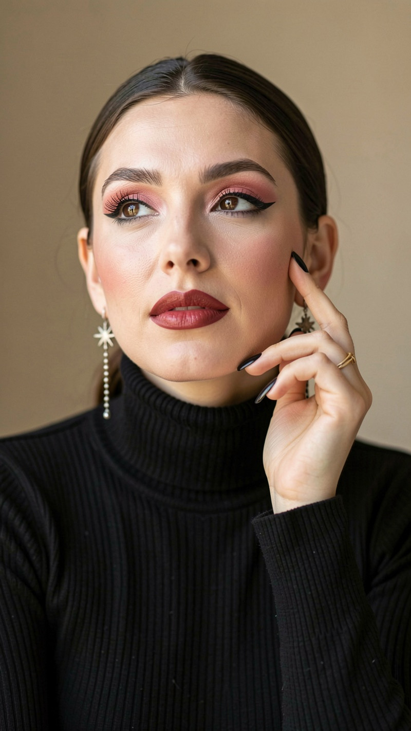 A captivating, natural-light portrait of a young woman with realistic skin, her face framed by smooth, sleek d