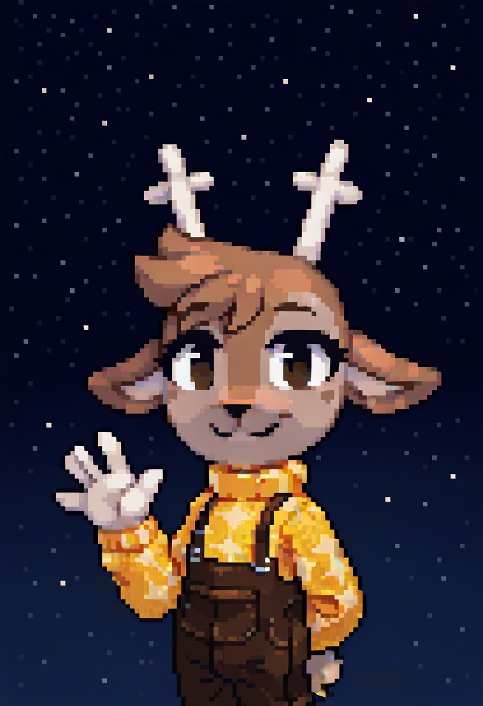 pixpix, 8-bit, pixel_art
jun1per_th, furry, simple hands, anthro, female, deer, yellow sweater, spotted topwear, turtleneck, brown overalls, starry sky, looking at viewer, waving, hand behind back, BREAK <lora:Juniper_TH_IL:1>