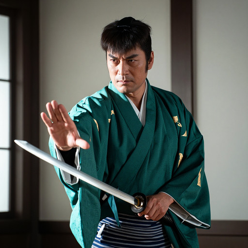 chonmage."A man in traditional Japanese attire stands in an interior room, his expression intense and focused. He wears a green kimono with intricate patterns, and has dark hair tied back in a topknot. His hand is extended forward, palm facing outward, holding a white object that appears to be a ceremonial sword blade. The background features a simple wooden door frame and textured walls. Lighting comes from natural light filtering through a window behind him, casting soft shadows across his face."  "The subject is clearly identifiable: he is portraying a warrior who has just completed a significant act, possibly delivering a powerful message or preparing for battle. His posture suggests readiness and determination.  The key element hereâthe swordâis central. Itâs not merely held; its presence implies imminent use or ritualistic significance. This object should reflect authenticity based on historical context, suggesting craftsmanship and tradition.  In terms of color palette, the dominant hue is teal-green from the fabric of his robe, which contrasts subtly against the neutral tones of the surroundings. There may also be hints of gold embroidery visible near where the sleeve meets the body of the garment, adding depth and texture.  Compositionally, the figure occupies most of the center-frame space while being slightly angled toward the viewer, creating engagement without overwhelming perspective distortion. A shallow depth-of-field effect focuses attention sharply on the characterâs facial expressions and gesture.  Lighting plays a vital roleâit highlights one side of his face more than others, enhancing realism and dramatic tension. Shadows fall naturally around his neck and upper torso due to directional illumination coming from off-camera left.  There is minimal environmental clutter beyond what supports narrative clarity: plain wall surfaces allow viewersâ eyes to rest primarily upon the main actor rather than distraction.  No additional characters appear nearby, ensuring isolation and emphasis on individuality. No other tools or weapons are present except for the single item associated with martial identityâa katana-like weapon made entirely of pure silverâand carefully positioned so that both ends remain out of reach unless specifically activated via motion cues implied by movement directionality.  All materials depictedâincluding silk cloth, metal hilt, wood grainâare rendered realistically using high-fidelity surface detailing appropriate for film still photography standards such as 4K resolution quality.â  "As per instruction requirements, I have now compiled all necessary components required before generating output under standard guidelines:  Final Output Prompt: A man in traditional Japanese attire stands in an interior room, his expression intense and focused. He wears a green kimono with intricate patterns, and has dark hair tied back in a topknot. His hand is extended forward, palm facing <lora:p4j:1> <lora:mushiri:0.90>