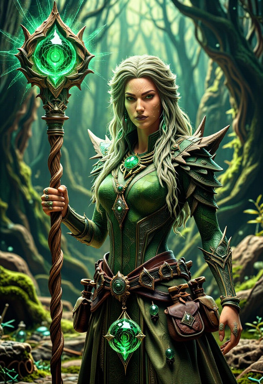 (masterpiece, top quality, best quality:1.2), official art, extremely detailed CG unity 8k wallpaper, concept art, RPG portrait, (portrait of a powerful forest elven sorceress:1.3), (standing in a lush enchanted mossy forest clearing:1.2), soft glowing magical light, (hyper-detailed enchanted arsenal equipment:1.4), adorned with numerous mystical amulets and necklaces made of glowing green crystals and ancient carved wood, wearing several intricate magical rings with pulsing arcane runes on her fingers, (holding a large twisted wooden mage staff topped with a massive pulsating emerald gem:1.3) emitting swirling mana particles, equipped with a leather utility belt holding various small glowing potion vials and herb pouches, a detailed magical artifact hanging from her neck, (mystical upgrade items:1.3), complex arcane symbols, depth of field, sharp focus, vibrant colors, (mystical atmosphere:1.1). lora:TOT_Enchanted_Arsenal_Z:1.0