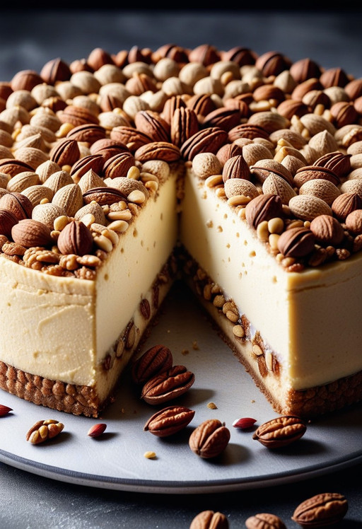nutstylesnut, a delicious cheesecake completely made from textured nuts, the cake base is crushed almonds, the creamy filling is smooth cashew cream, decorated with whole walnuts and pecans on top, nut world morph style, cinematic lighting, hyper-detailed texture, food photography, macro shot, appetizing look