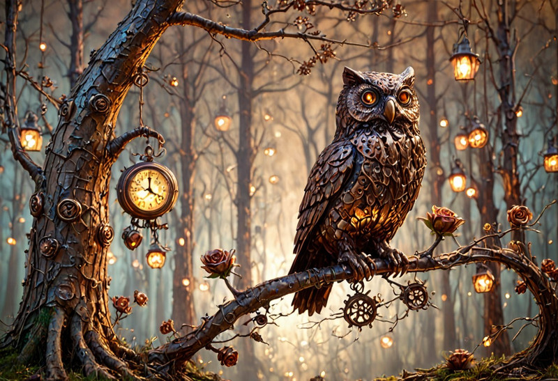 A majestic clockpunk owl crafted entirely from dull, beaten copper with intricate rivets and patina details, i
