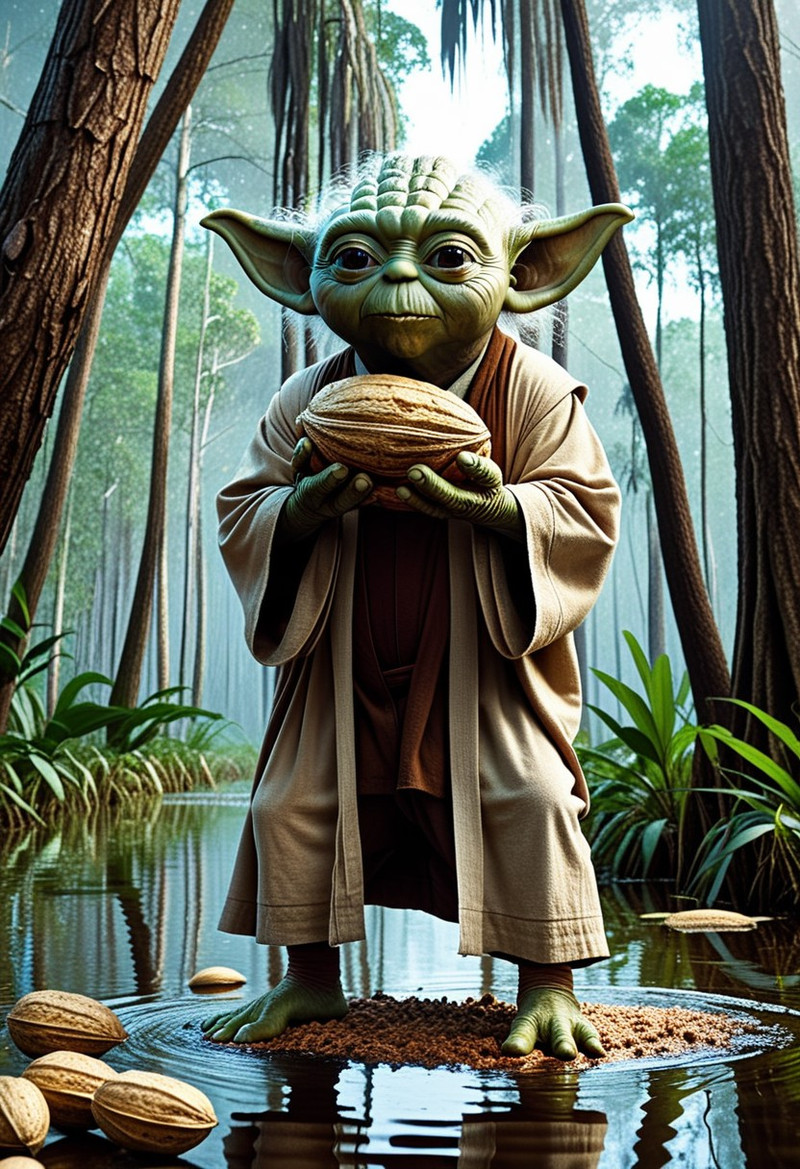 nutstylesnut, Yoda lifting a massive, heavy Brazil nut out of a swamp using the Force. The swamp trees are gia