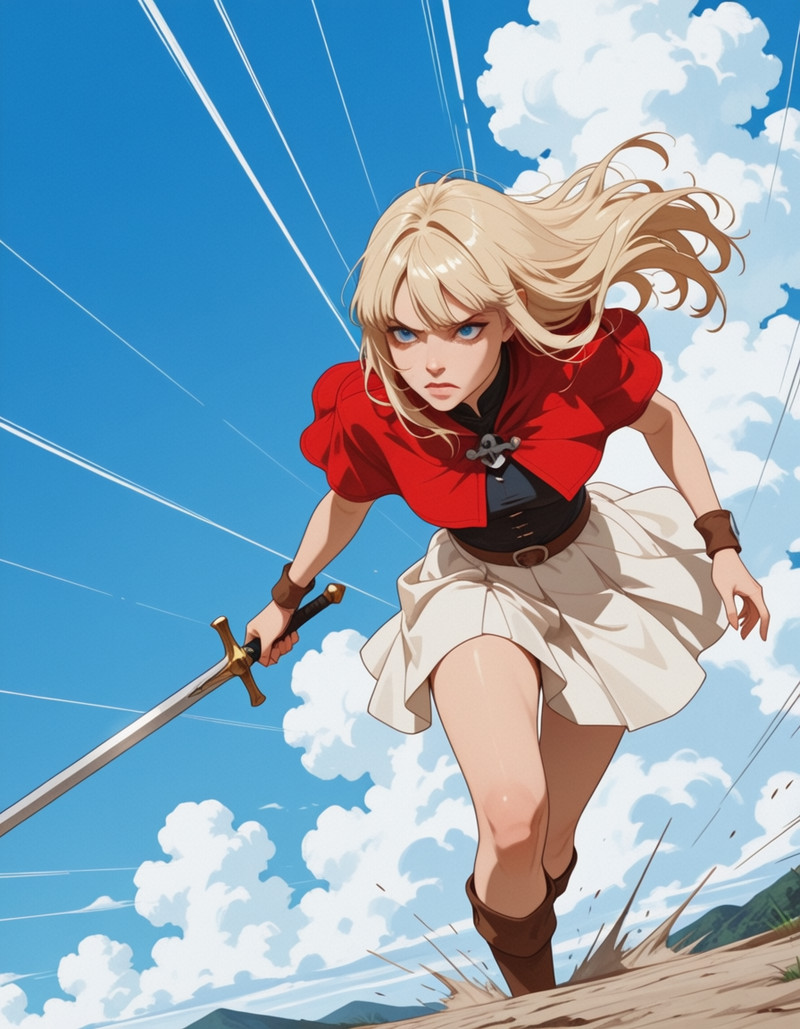 IllusP0s, 1girl, 1girl, solo, bangs, blonde hair, long hair, blue eyes, angry, holding sword, blue sky, clouds