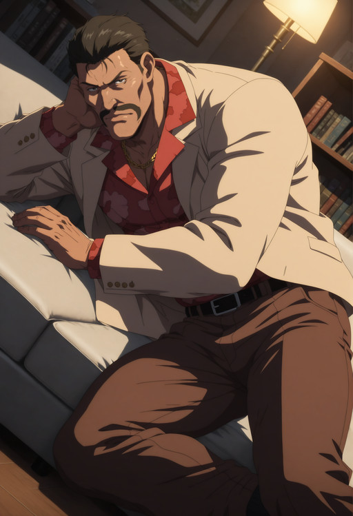 Solo,1 male,ultradetailed,masterwork,masterpiece,best quality,complex lighting,movement,detailed eyes,detailed face,detailed body,perfect hands,daddy face,middle-aged male,looking_at_viewer,
Abrego,<lora:Abrego:0.8>,brown skin,black hair,black eyes,mustache,nose,ear,mouth,
big male,big body,broad shoulders,muscular male,large_pectorals,
home office,Gray sofa,bookshelves in the background,floor lamp in the background,lying on the couch,lying on his side,beige suit,beige jacket,print shirt,collared shirt,red shirt,brown pants,open jacket,gold chain,belt,black socks,transparent socks,
anime coloring,anime screencap,shiny skin,TRexStyle,<lora:ATRex_style:0.2>,
k0n0hanaya,<lora:-Konohanaya:0.2>,<lora:add-detail-xl:0.6>,<lora:cfg_scale_boost:0.3>,<lora:NAI_QualityV1.1:0.3>,
multicolored background,