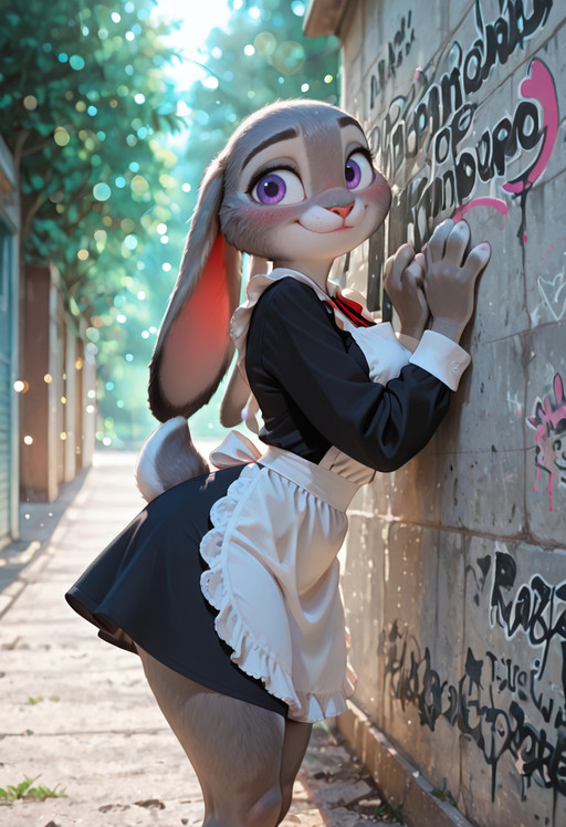 masterpiece, best quality, absurdres, highres, high quality, highly detailed, official art, 3d, amazing quality, detailed background, dramatic lighting, rim lighting, fill light, (bokeh:1.5)   ,
JudyHopps, solo, purple eyes,  thin waist, wide hips, furry female, bunny girl, bunny ears,  ears down, rabbit tail, ((ultra detailed fur:1.5)), Judy Hopps, thin waist, big rabbit tail, big detailed purple eyes, curious look, tilted head, shy smile BREAK   dynamic pose,  presenting, perfect huge breast, saggy breasts, long legs, soviet school uniform, long sleeves, dress, black dress, white apron, nm_graduation, leaning against a concrete wall full of graffiti, detailed background,blush, smile,   BREAK day, sun light, outdoors, 8k, UHD, HD, absurdres, masterpiece, intricate detail, highly detailed, fill light, cinematic lighting, photorealistic, g0th1c <lora:judyhopps-v3-Yiffy:0.2> <lora:incoth:0.5> <lora:AddMicroDetails_NoobAI:0.5> <lora:NM_graduation:1>