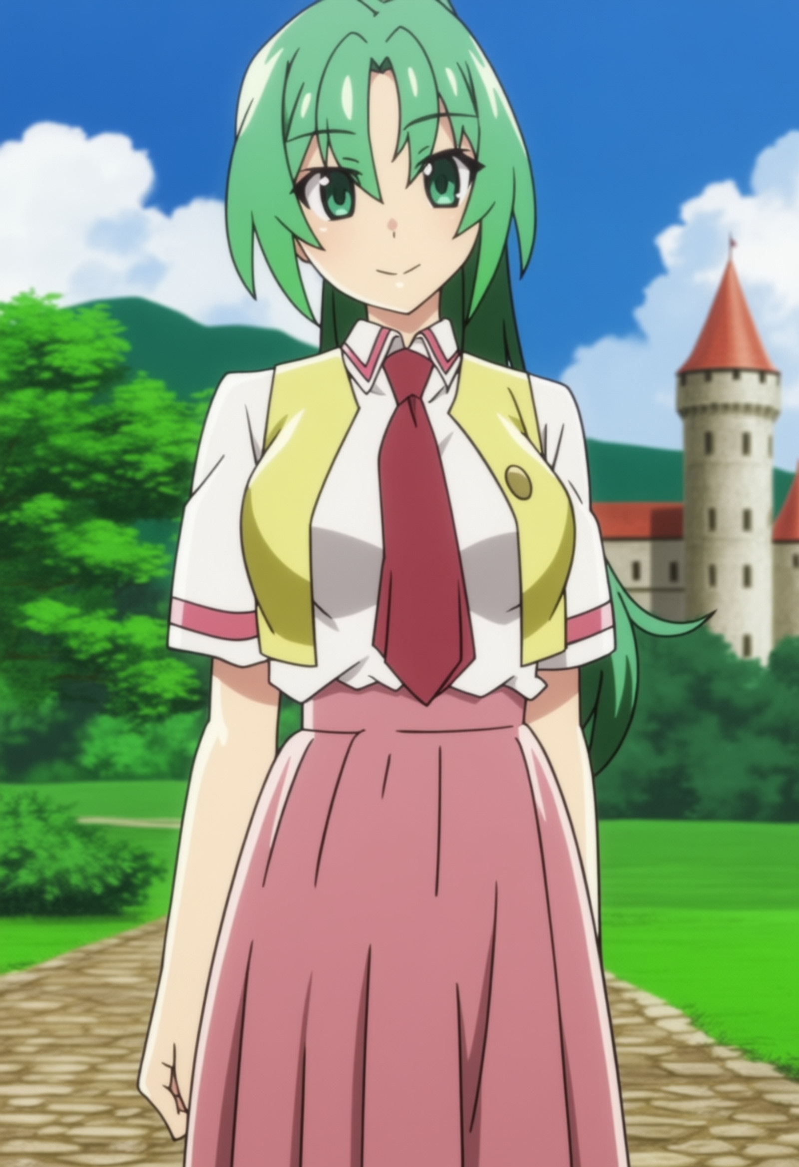 masterpiece, best quality, score_7, amazing quality,, cowboy shot, solo, looking at viewer, , <lora:mion-sonozaki-s4-anima-lora-nochekaiser:1>, mion sonozaki, sonozaki mion, long hair, green eyes, ponytail, green hair, mature female, large breasts, anime screencap, skirt, shirt, white shirt, short sleeves, necktie, vest, red necktie, pink skirt, high-waist skirt, long skirt, open vest, yellow vest,, star hands, castle, stone, towers, medieval, royalty,