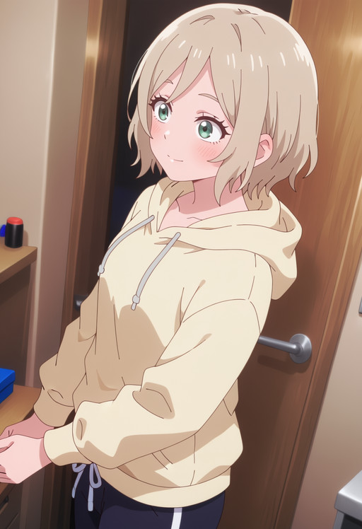 masterpiece, best quality, score_7, highres, absurdres, Blushing cheeks, shy but sweet smile, gazing lovingly, anime screenshot, safe, kmnyume, short hair, blonde hair, green eyes, solo,  yellow hoodie, sweatpants,, from side, high-angle view,,