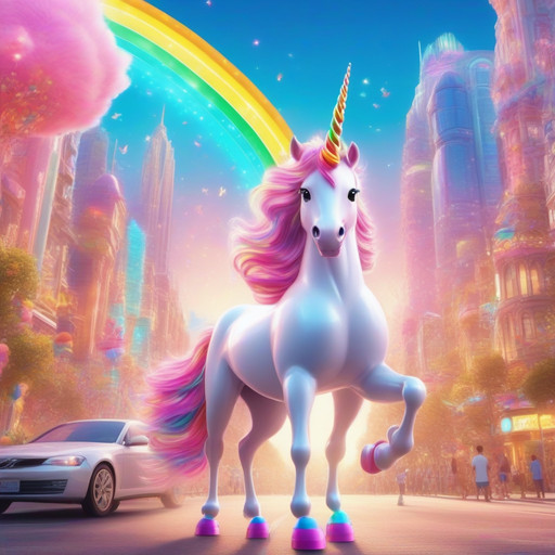 A futuristic cyberpunk city street completely transformed into a magical rainbow unicorn utopia, towering skyscrapers capped with giant sparkly unicorn horns, oceans of pastel glows and rainbow gradients replacing neon lights. In the center, a majestic robotic-unicorn hybrid with flowing iridescent mane-hair prancing gracefully. The air is filled with glowing butterfly swarms and glittering candy floss clouds. Hyper-detailed, vibrant cinematic lighting, highly aesthetic, whimsical, masterpiece, enchanted dreamscape, SFW.