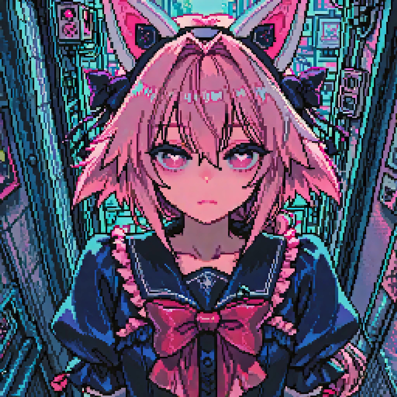 masterpiece,best quality,amazing quality,yuki77style,pixel art,dithering,pixel shading,soft pixel lighting,soft contrast,clean pixel clusters,astolfo_(fate),fate_(series),1boy,male_focus,low_twintails,hair_ornament,braided_ponytail,white_hair,very_long_hair,fang,heart-shaped_pupils,pink_eyes,shiny_skin,collarbone,pink_neckerchief,hairband,black_ribbon,fake_animal_ears,flat chest,femboy,trap,otoko no ko,magical femboy,ribbon,bow,red bow,dress,looking at viewer,solo,puffy sleeves,gloves,two side up,elbow gloves,frills,closed mouth,blue dress,bowtie,expressionless,white gloves,red ribbon,upper body,straight-on,red bowtie,arms at sides,and a red bow on his head,She wears a dress with puffed sleeves,a large red bow at the chest,and white gloves,The background is a vibrant,futuristic cityscape with neon blue,pink,and purple hues,filled with skyscrapers and abstract structures,The femboy's expression is neutral,and she is centered in the image,with the background creating a dynamic,colorful atmosphere,<lora:TrendCraft_The_Peoples_Style_Detailer-v2.4I-5_18_2025-Illustrious:0.35> <lora:yuki77mi_nanamiyuki0j0j0ê_-_Artist_style__Illustrious:1>