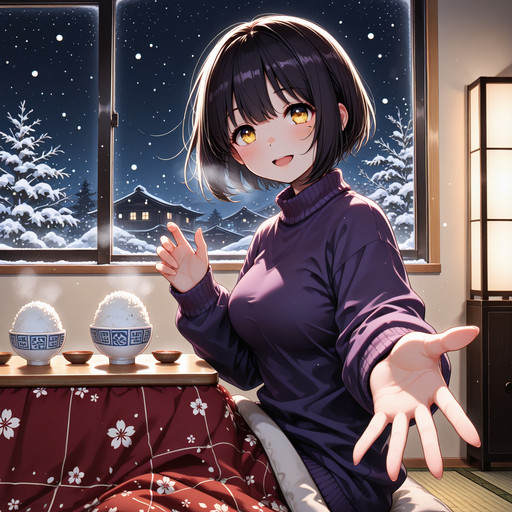 masterpiece, newest, absurdres, best quality, amazing quality, very aesthetic, ultra-detailed, highly detailed <break> indoors, winter, night, window, tatami, 1girl, solo, takafuji kako, medium breasts, yellow eyes, purple sweater, sitting, under kotatsu, rice bowl, outstretched hand, open hand, reaching towards viewer, happy, light smile, open mouth, looking at viewer, from side