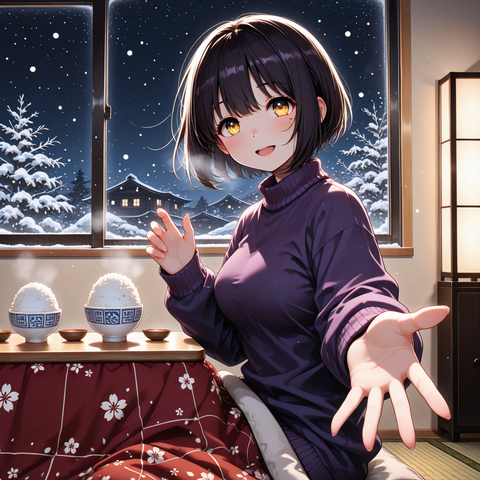 masterpiece, newest, absurdres, best quality, amazing quality, very aesthetic, ultra-detailed, highly detailed <break> indoors, winter, night, window, tatami, 1girl, solo, takafuji kako, medium breasts, yellow eyes, purple sweater, sitting, under kotatsu, rice bowl, outstretched hand, open hand, reaching towards viewer, happy, light smile, open mouth, looking at viewer, from side