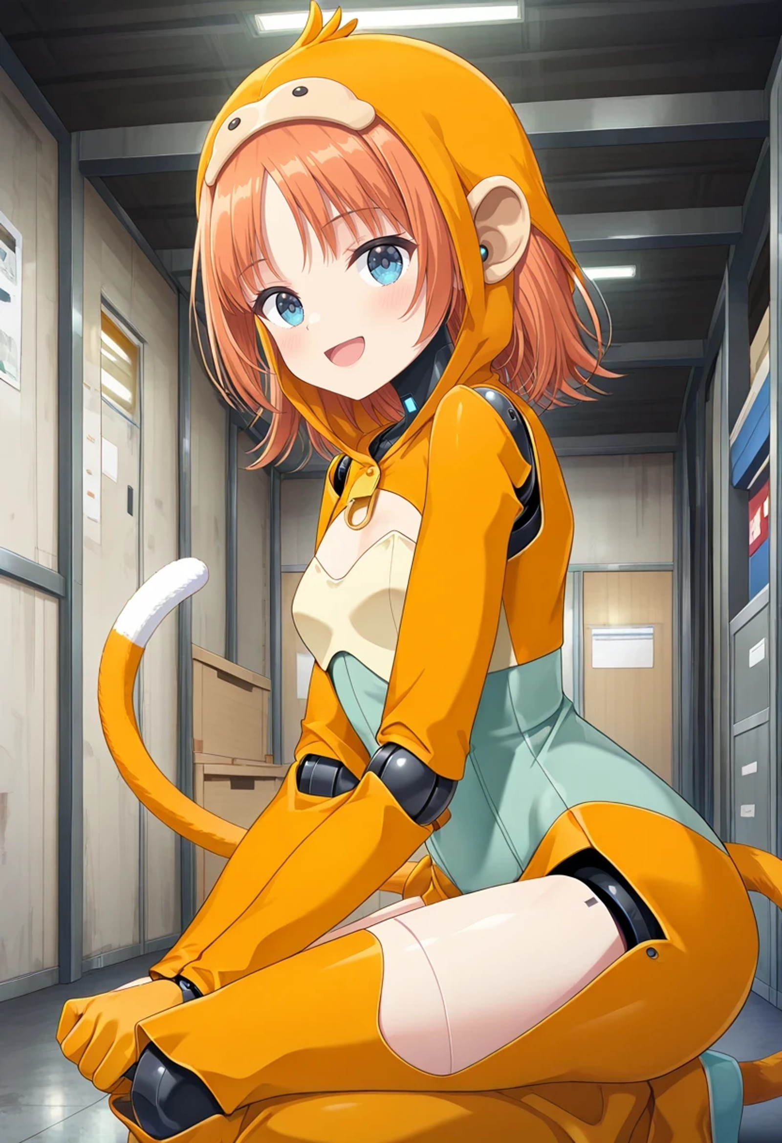 masterpiece,best quality,absurdres,1girl,
:d,looking at viewer,
from side,on one knee,warehouse,
<lora:amakase_miharu-ShiroNekoAlpha:1>,amakase miharu,
android,robot joints,monkey costume,
