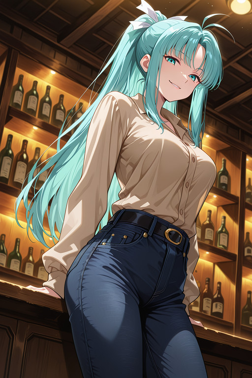 masterpiece, best quality, amazing quality, very aesthetic, absurdres, newest, anime screencap, anime colouring, highres, very detailed, anime, good anatomy, unholy-aesthetic, ultra detailed face,ultra detailed eyes, perfect eyes,

herencia,

night, bar (place), indoors,

1girl, solo,

m1a, aqua hair, parted bang, high ponytail, long hair, antenna hair, sidelocks, aqua eyes, medium breasts,
hair ribbon, white ribbon,

business shirt, beige shirt, black jeans, (low jeans:1.2), black belt,

{
standing|
standing, from below|
standing, hands on hip|
standing, bent over, close up|
standing, hands behind head|
standing, bent over, from below|
standing, bent over, from above, close up, hands behind head|
standing, bent over, from below, close up, hands behind head|
sitting|
from behind, ass support
},

sadistic smirk, 

looking at viewer,

addmicrodetails,