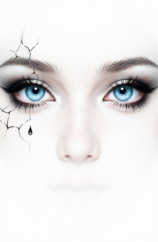 Extreme close-up minimalist portrait of a feminine face emerging from an almost pure white background, centered on two large luminous icy blue eyes with dark pupils and glossy catchlights, sharply arched textured brows, dramatic black winged eyeliner and long separated lashes, only the faint bridge and tip of the nose visible below, pale translucent skin dissolving into the white negative space, a delicate cracked or peeling surface detail framing the left eye with one small dark teardrop below it, symmetrical horizontal composition, soft diffuse high-key lighting, near-monochrome white and silver palette accented by vivid blue irises and charcoal eye makeup, ethereal surreal digital illustration with fine pencil-like shading, smooth airbrushed finish and crisp eye detail, no watermark, no logo, no readable text