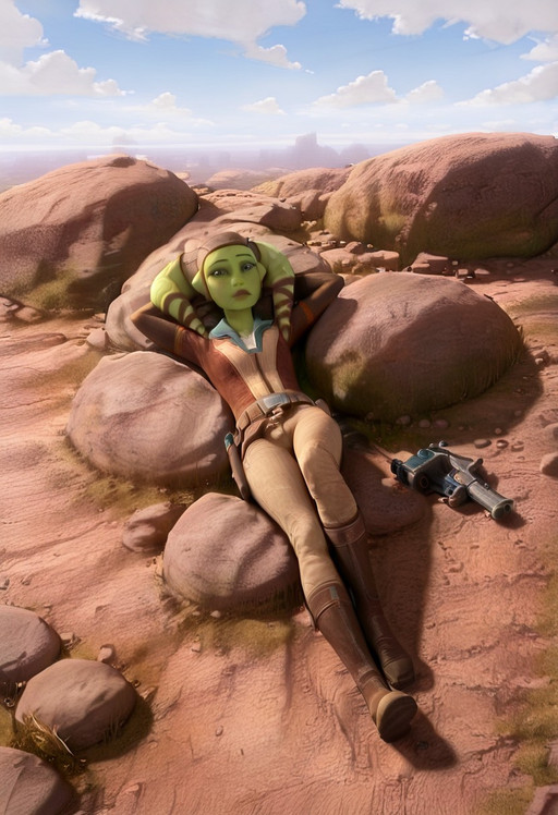 (masterpiece, best quality, very aesthetic, newest, 2024), ( hi res, realistic, masterpiece, high quality, absurdres, realistic, detailed, best quality, solo, rating_safe, SWBBH3raSyndulla, Hera Syndulla (Star Wars the bad batch), Twi'lek species, animated character, animated style, sci-fi setting, humanoid, green skin, expressive face, expressive eyes, white sclera, green irises, round black pupils, nose, mouth, lips, eyebrows, lekku, lekku markings, brown leather pilot cap, brown lekku wraps, brown pilot vest, tan long-sleeve undershirt, blue collar, holstered blaster, utility belt, belt pouches, pilot outfit, brown pants, brown boots, female focus, 1girl, solo, full body, lying, on back, hands behind head, looking at viewer, view from above, outdoors, day, ground, horizon, blue sky, cloud, shadows