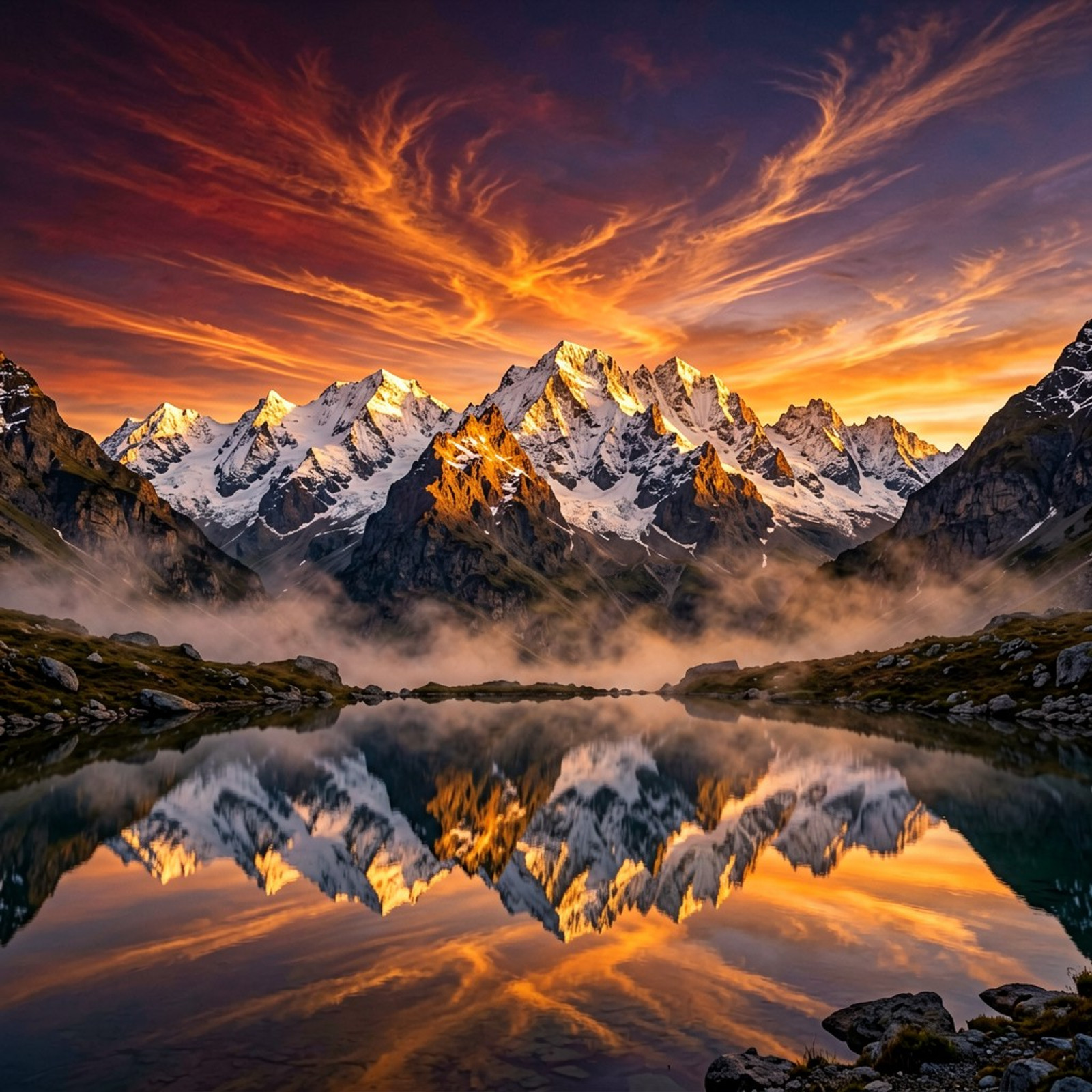 A breathtaking spectacular sunset casting golden amber rays across jagged snow-capped mountain peaks, with the sky ablaze in vibrant gradients of crimson, tangerine, and deep violet. Wispy cirrus clouds catch fire like burning silk threads stretching across the horizon. A serene alpine lake in the foreground mirrors the celestial spectacle with perfect crystalline reflection. Soft mist rises from the valley below, catching the last warm light. The atmosphere is ethereal and majestic, with every detail rendered in ultra-high definition. Rich textures of rock, water, and atmospheric haze create depth and immersion. Cinematic lighting emphasizes the dramatic contrast between illuminated peaks and shadowed valleys. Photorealistic quality with painterly composition, evoking awe and tranquility in equal measure.