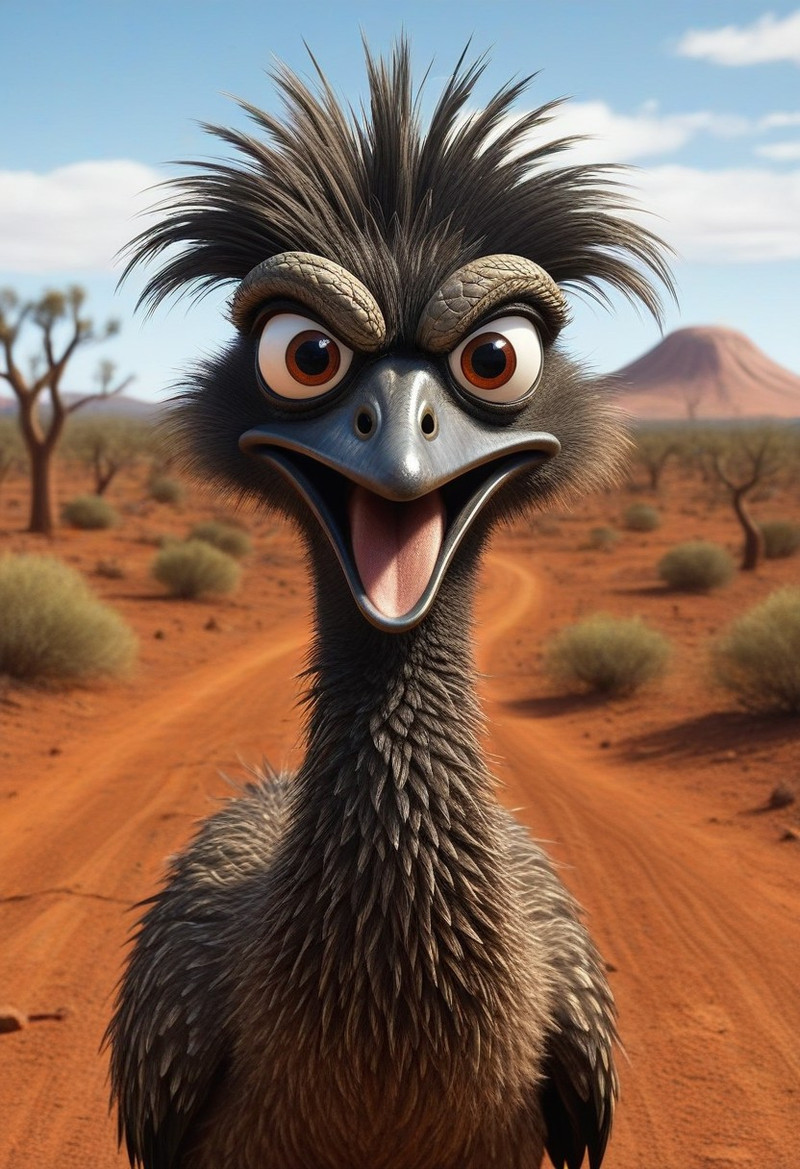 Angry Emu with a ww1 helmet, great emu war, emu, angry emu, pixar movie like animal, ultra-detailed fantasy, s