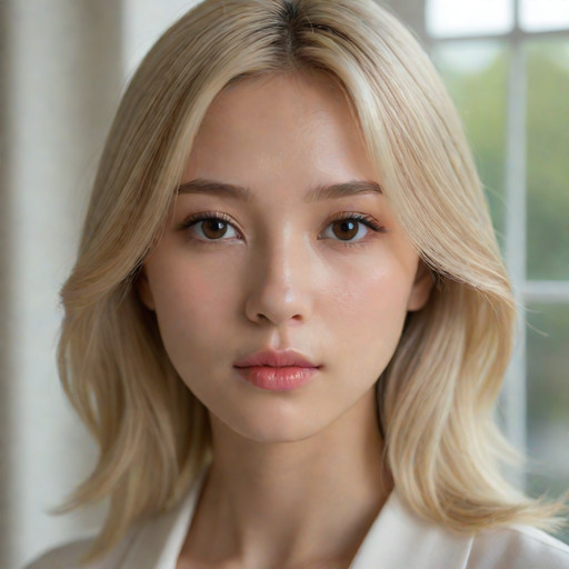 **Character Focus & Shot:**
(Medium close-up portrait of a slender, ethereal Korean K-pop idol:1.4), (blonde angel), (melancholic and delicate beauty:1.3), (masterpiece), (best quality).

**Facial Features:**
(Slim, angular V-line face shape with high cheekbones), (delicate and soft facial features:1.2).
**Eyes:** (Soft, light brown eyes), slightly upturned, featuring a subtle (double eyelid crease), (long, wispy eyelashes).
**Nose & Lips:** (Small, narrow, and sharp nose bridge), (slightly small, pale pink lips) with a subtle pout.
**Expression:** (Soft, elegant gaze looking slightly off-camera), (ethereal and feminine expression).

**Hair & Makeup:**
(Long, layered, platinum blonde hair:1.4), styled with (long, sweeping curtain bangs), hair is voluminous and slightly wavy.
**Makeup:** Light, glossy pink lip tint, subtle smokey eyeshadow in warm tones.

**Attire & Lighting:**
Wearing a (flowy, high-end white or pale pink outfit). (Soft, diffused sunlight from a window:1.3), (golden hour lighting), shallow depth of field, soft bokeh.