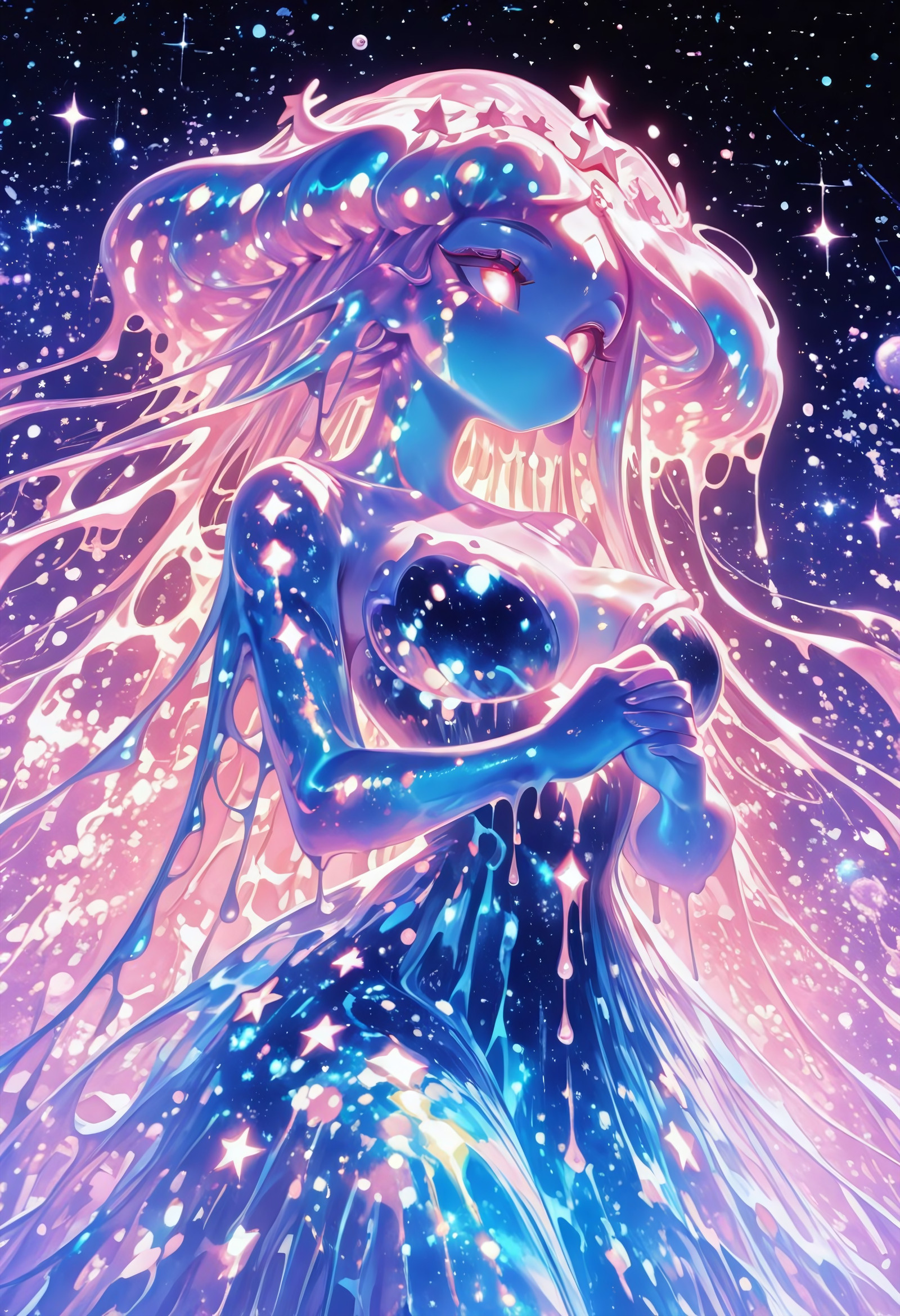 (Artist:WamuDraws:1.2), (Artist:DinoArtFrame:1.1), (Artist:quasarcake:0.9), (Artist:Curss:0.8), (cel shading:0.9), ((no lineart):1.2), ((neon theme):1.3), space, galaxy backdrop, limited pallete, stars, 
1 girl, solo, jellyfish girl, tentacle hair, liquid crown, curvy, glowing eyes, no mouth, huge breasts, ((transparent body):1.2), (mulitcolor skin, rainbow skin, blue skin), ((liquid body):1.3), ((dripping slime):1.2), ((melting skin):1.1), hands interlocked,
Masterpiece, high quality, best quality,  best resolution, absurdres, highres,<lora:Goddess_of_Water:1>, <lora:Magical_Pastel:1>,<lora:Goddess_of_Light_Illutrious:1>
