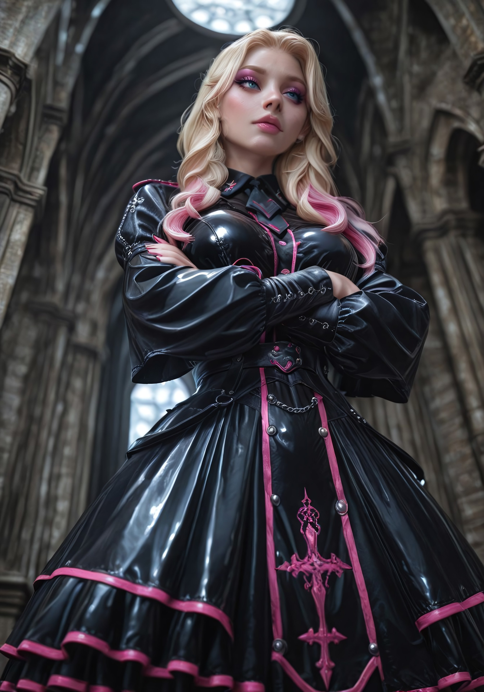 feminine femboy with blonde wavy long hair and pink highlights, blue eyes, pink makeup, small b-cup breasts narrow waist and thicc thighs, wearing a gothic military dress, latex, Im dress, long sleeves, black dress, puffy long sleeves, belt, low angle view, crossed arms, hdr, raytraced