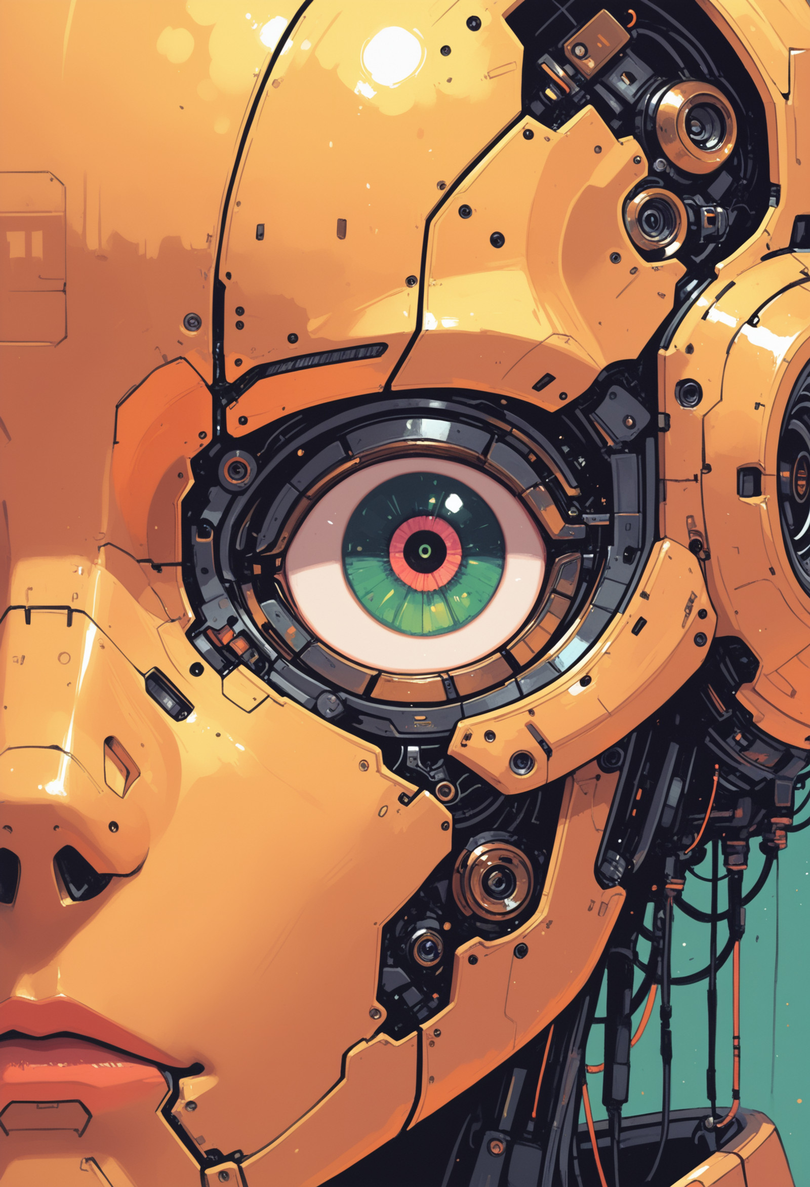 masterpiece, best quality, good quality, newest, highres, absurdres,focused subject,8k,HDR, solo, looking at viewer, green eyes, robot, close-up, 1other, reflection, science fiction, eye focus, impressionism,traditional media, painterly,from side,art deco, in the style of cknc,monmon2133,flatline,wat