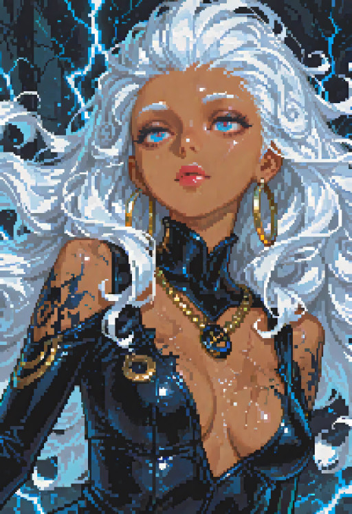 by dino \(dinoartforame\),impasto,1girl,solo,storm_(x-men),marvel,curly_hair,floating_hair,big_hair,white_hair,very_long_hair,lipstick,no_pupils,blue_eyes,dark_skin,necklace,marvel_vs._capcom_3,hoop_earrings,upper body,majestic,Masterpiece,Best quality,ultra-detailed,amazing quality,very aesthetic,illustration,perfect composition,intricate details,highres,greatscore,absurdres,incredibly absurdres,dynamic angle,dynamic pose,20yo,textured,extremely detailed eyes,pretty <lora:HerrscherAGGA2025_PixelART-ULTIMATEBASE-SDXL-IL_V1:1>