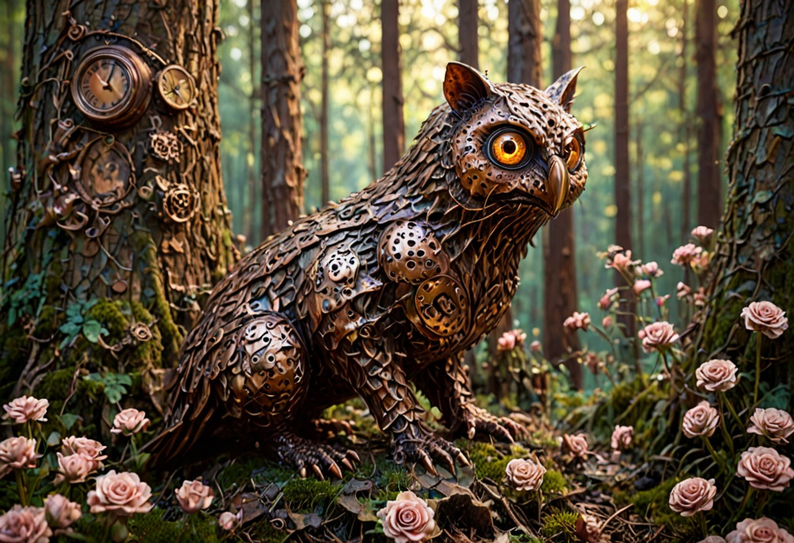 A majestic clockpunk owl crafted entirely from dull, beaten copper with intricate rivets and patina details, its feathers resembling overlapping gear plates. The owl perches on an ornate brass tree branch entwined with winding vines of copper roses. Surrounding it: floating pocket watch mechanisms with visible inner workings, delicate filigree clock faces embedded in tree bark, and tiny copper mice with gearwork tails scampering among scattered watch springs and cogwheel blossoms. The scene is illuminated by flickering gaslight, casting warm metallic reflections across the highly textured surfaces.