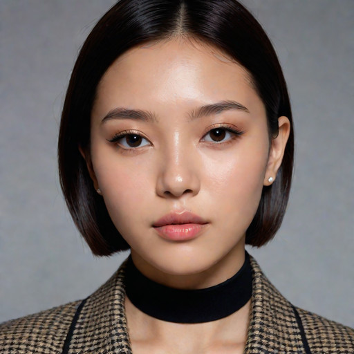 **Character Focus & Shot:**
(Medium close-up portrait of a powerful Korean K-pop idol:1.4), (high fashion model), (effortlessly chic expression:1.3), (masterpiece), (best quality).

**Facial Features:**
(Round, youthful face shape) with a (defined jawline), (full, soft cheeks).
**Eyes:** (Distinctive cat-like eyes), slightly slanted upwards, with (subtle double eyelids) and (sharp black winged eyeliner:1.2).
**Nose & Lips:** (Small, slightly wide nose), (full, natural pink lips) with a subtle matte finish.
**Expression:** (Confident and slightly bored gaze), a (cool, unsmiling expression).

**Hair & Makeup:**
(Sleek, straight, jet-black bob haircut) that hits the chin, with a clean middle part.
**Makeup:** Clean skin, heavy winged eyeliner, precise contouring, neutral lip color.

**Attire & Lighting:**
Wearing a (Chanel-inspired tweed jacket), black choker. (Dramatic studio lighting), high contrast, deep shadows, glossy skin effect, (editorial photography).