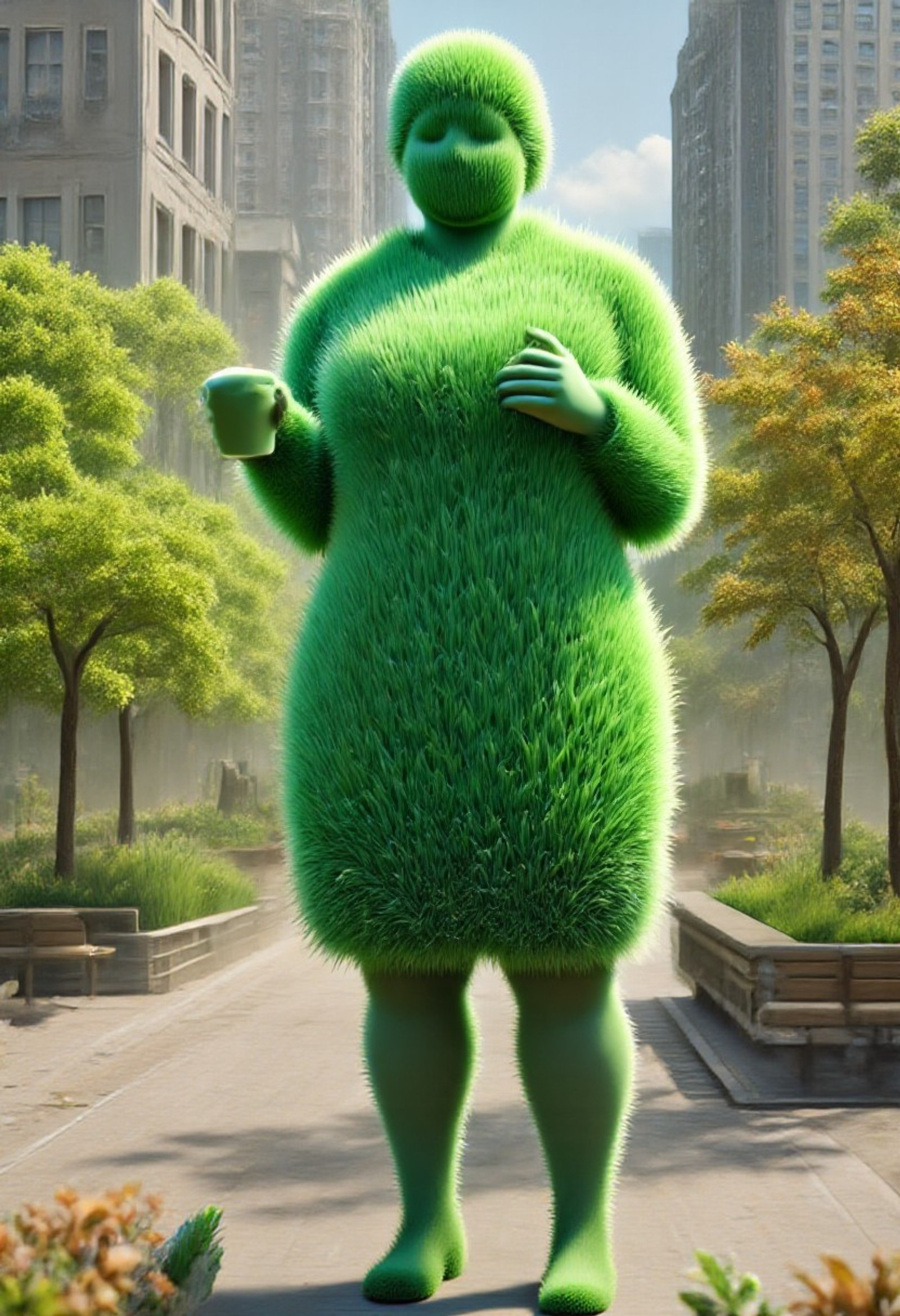 A proud office worker turned into a full grass statue stands holding a coffee cup grown from turf and clover.
She poses in a park-like city square where benches, clouds, and even pigeons are transformed into fluffy green lawn sculptures.
The scene jokes about work-life balance by replacing stress with chlorophyll.
The mood is cheerful and whimsical, blending satire with peaceful nature vibes.
Rendered as polished 3D art with soft depth of field and realistic grass fibers.
Warm morning light and gentle mist create a cozy, humorous vision of corporate life gone botanical.,  crisp focus, sense of scale, crisp depth, vivid colors, Masterpiece, best quality, amazing quality, 8K-quality, just describe as grass,