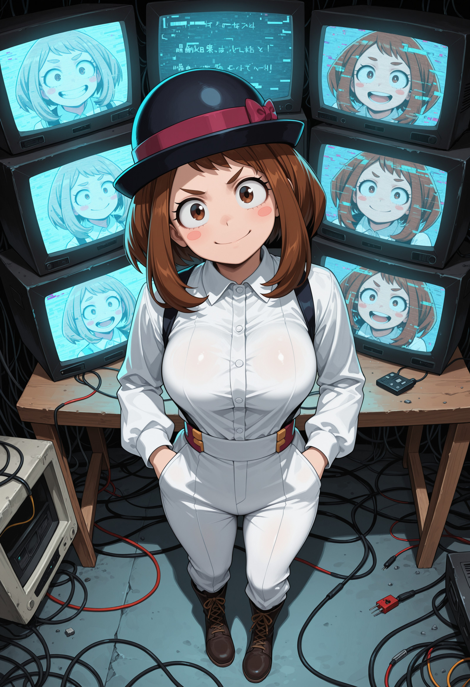 masterpiece, best quality, highres, absurdres, very awa, 1girl, solo, urarak4, brown hair, short hair, blush stickers, bowler hat, black hat, white shirt, long sleeves, (white suspenders), long eyelashes, crazy eyes, (cable), screen, television, wire, static, multiple screens, glitch, table, hands in pockets, head tilt, brown eyes, white pants, from above, looking at viewer, black boots, lace-up boots, v-shaped eyebrows, smile, closed mouth
