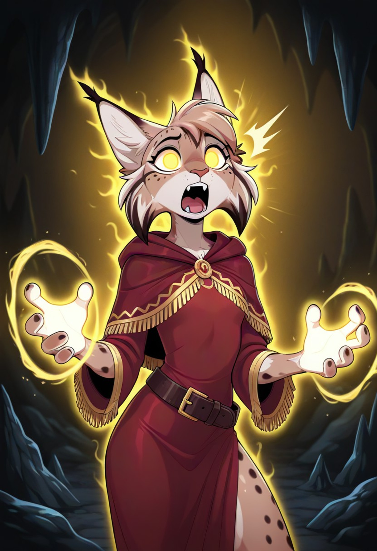 masterpiece, best quality, amazing quality, 1girl, furry, lynx, glowing golden eyes, solid eyes, short hair, fringe, slim body, small bust, red dress, leather belt, red robe, gold trim, caplet, dark cave, yellow aura, yelling, casting spell