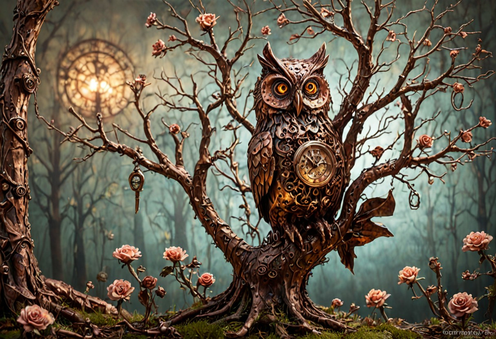 A majestic clockpunk owl crafted entirely from dull, beaten copper with intricate rivets and patina details, its feathers resembling overlapping gear plates. The owl perches on an ornate brass tree branch entwined with winding vines of copper roses. Surrounding it: floating pocket watch mechanisms with visible inner workings, delicate filigree clock faces embedded in tree bark, and tiny copper mice with gearwork tails scampering among scattered watch springs and cogwheel blossoms. The scene is illuminated by flickering gaslight, casting warm metallic reflections across the highly textured surfaces.