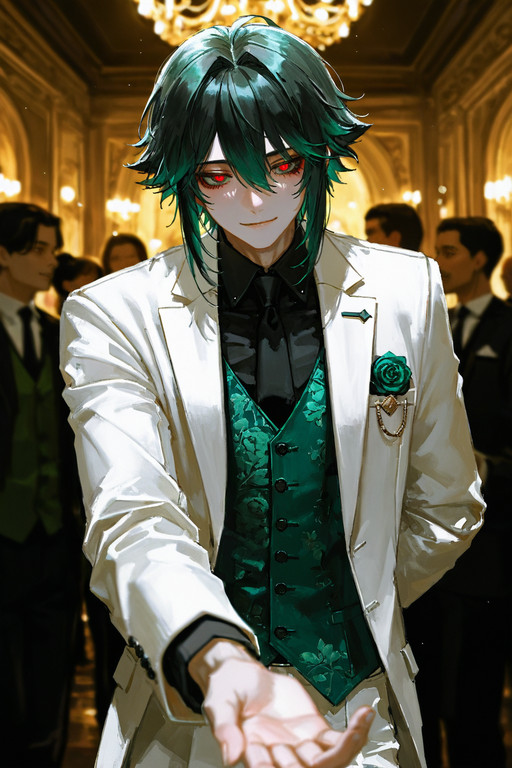Core Subject: 1boy, (adult:1.2),taller male, solo, short messy black green hair , demonic red eyes, small smile, slightly looking_down, 
BREAK 
Outfit: white suit, green floral vest, black necktie, black clawed,
BREAK 
Action: close up view, (upper_body:1.2), one hand behind back, reaching hand towards viewer, POV,
BREAK 
Background: victorian, (ballroom:1.2), blurry background, people dancing, cinematic lighting,
BREAK
Style/Artist: graffiti style breathtaking texture masterpiece, best quality, best quality, [quasarcake:crain1art:9], [dlgeria::9], (xxyt-xx:0.85), chen bin, (as109:0.5), fagun_yibei, berryverrine, masterpiece, best quality, good quality, masterpiece, award-winning, professional, highly detailed . street art, vibrant, urban, detailed.
 <lora:NOOB_vp1_detailer_by_volnovik_v1:1.0> <lora:96YOTTEA-WAI:0.5>
