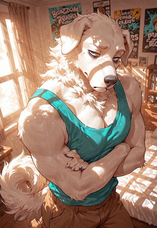 masterpiece, high quality, color grading, dynamic lighting, 4k, 8k, absurdres, character focus, furry focus, bold line art, sharp_lineart, clean_lineart, clean lines, dynamic lighting, dutch angle, depth of field, perfect composition, cowboy shot, (dynamic perspective), indoors, bedroom, bed, otaku_room, posters, messy_room, perspective, bright, high angle, from above, scnr
BREAK
1boy, male focus, toned, anthro, mature_male, 5fingers, (borzoi), dog anthro, white claws, long snout, animal_ears, animal_nose, grey nose, (curly_hair, curly fur, fluffy), half-closed_eyes, (body_fur, pale fur, muted_color), looking_at_viewer, (mole_on cheek, mole_under_eye), crossed_arms, dog_tail,  cocked_eyebrow, pecs, raised_eyebrow, head focus, (tank_top, aqua tank top), (cargo_pants, brown_pants), blue_eyes, frown, mature_eyes, bags_under_eyes, dog_paws