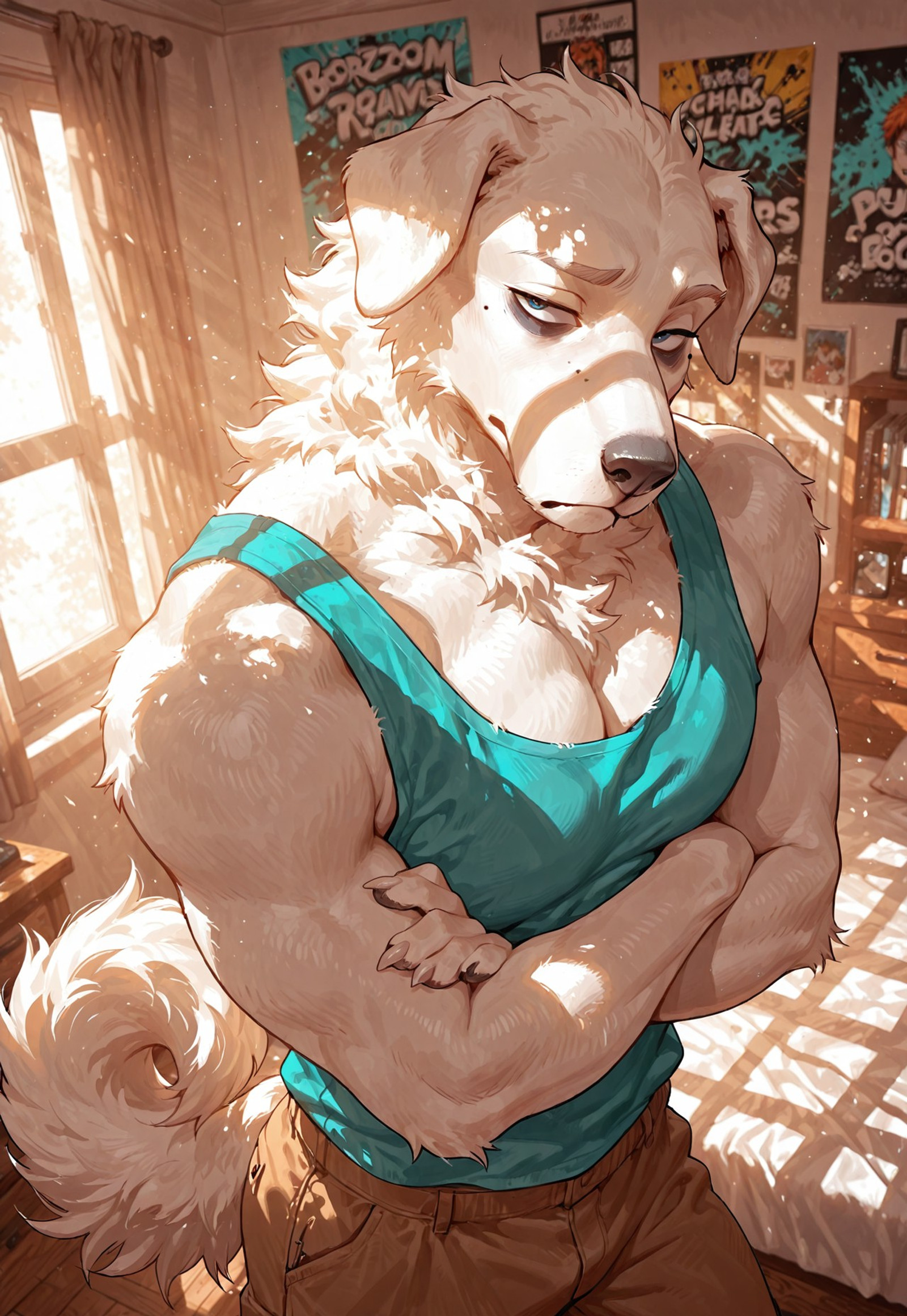 masterpiece, high quality, color grading, dynamic lighting, 4k, 8k, absurdres, character focus, furry focus, bold line art, sharp_lineart, clean_lineart, clean lines, dynamic lighting, dutch angle, depth of field, perfect composition, cowboy shot, (dynamic perspective), indoors, bedroom, bed, otaku_room, posters, messy_room, perspective, bright, high angle, from above, scnr
BREAK
1boy, male focus, toned, anthro, mature_male, 5fingers, (borzoi), dog anthro, white claws, long snout, animal_ears, animal_nose, grey nose, (curly_hair, curly fur, fluffy), half-closed_eyes, (body_fur, pale fur, muted_color), looking_at_viewer, (mole_on cheek, mole_under_eye), crossed_arms, dog_tail,  cocked_eyebrow, pecs, raised_eyebrow, head focus, (tank_top, aqua tank top), (cargo_pants, brown_pants), blue_eyes, frown, mature_eyes, bags_under_eyes, dog_paws