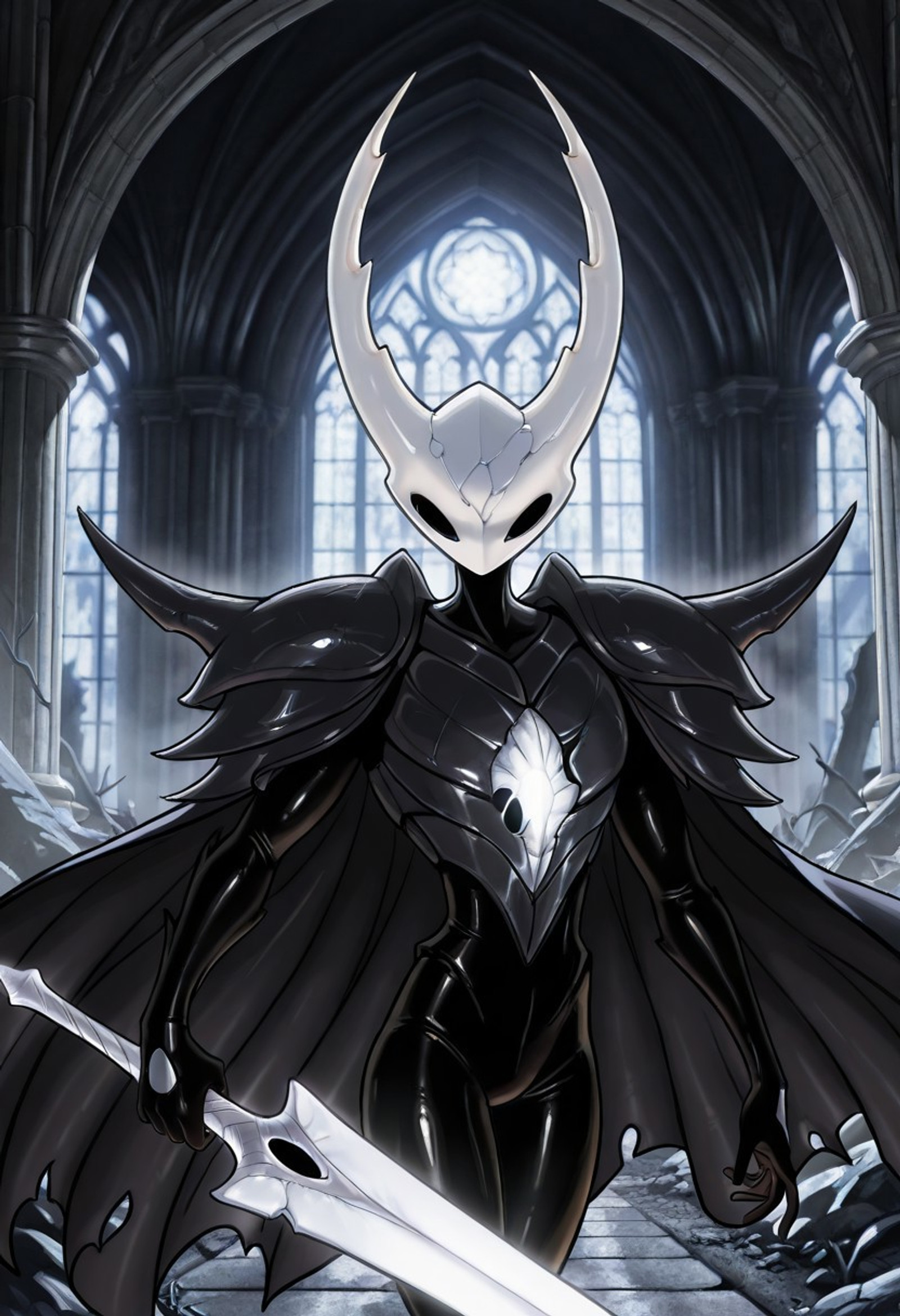 masterpiece, best quality, amazing quality, cartoon, retro artstyle, 1990s \(style\), 1boy, solo, Pure Vessel, HK,mature, (white hollow knight mask), dark bodysuit, black eyes, (no mouth), kn1ghtd3lta, shadow creature, black bodysuit, spiked shoulders, armor, dark cape, torn cape, holes in hands, hole in chest, pointed legs, standing, sword stance, glowing weapon, greatsword, holding sword, looking at viewer, glaring, dark cathedral, ruins, cowboy shot, upper body, closeup,