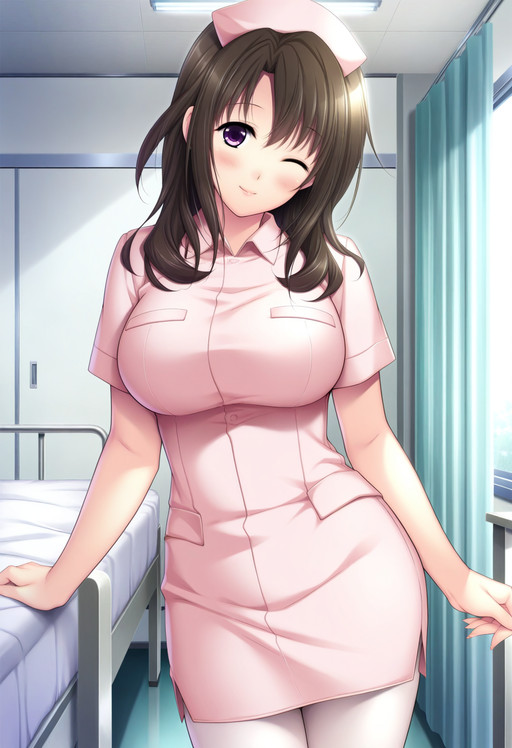 masterpiece, 1girl, solo, c-nana, brown hair, purple eyes, large breasts, nurse cap, short dress, pink dress, short sleeves, looking at viewer, white pantyhose, indoors, hospital, smile, one-eye closed,