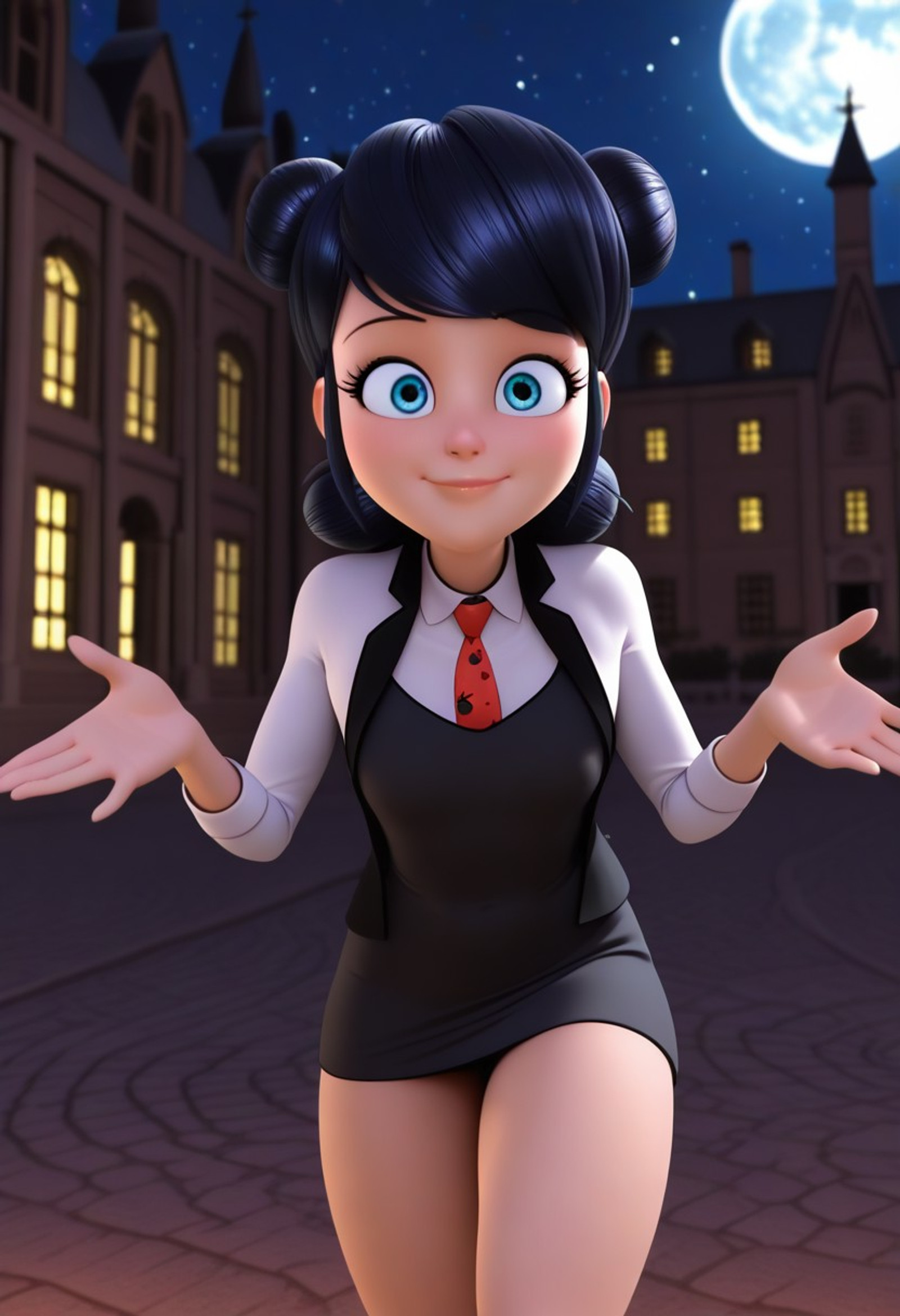 3d cartoon,  4K, High definition, best quality, expressive eyes, ,perfect face,toned female ,from head to toe , revealing legs, bare shoulders, facing the viewer, solo,  ,anime screenshots,closed mouth smile, - enigmatic face,  dynamic pose, play pose - Marinette Dupain-Cheng, black hair, hair bun, double bun, blue eyes, medium hair, loose hair, hair down,((((
(black dress, black vest, white shirt, tie))), ((gothic manor, night, detailed background))