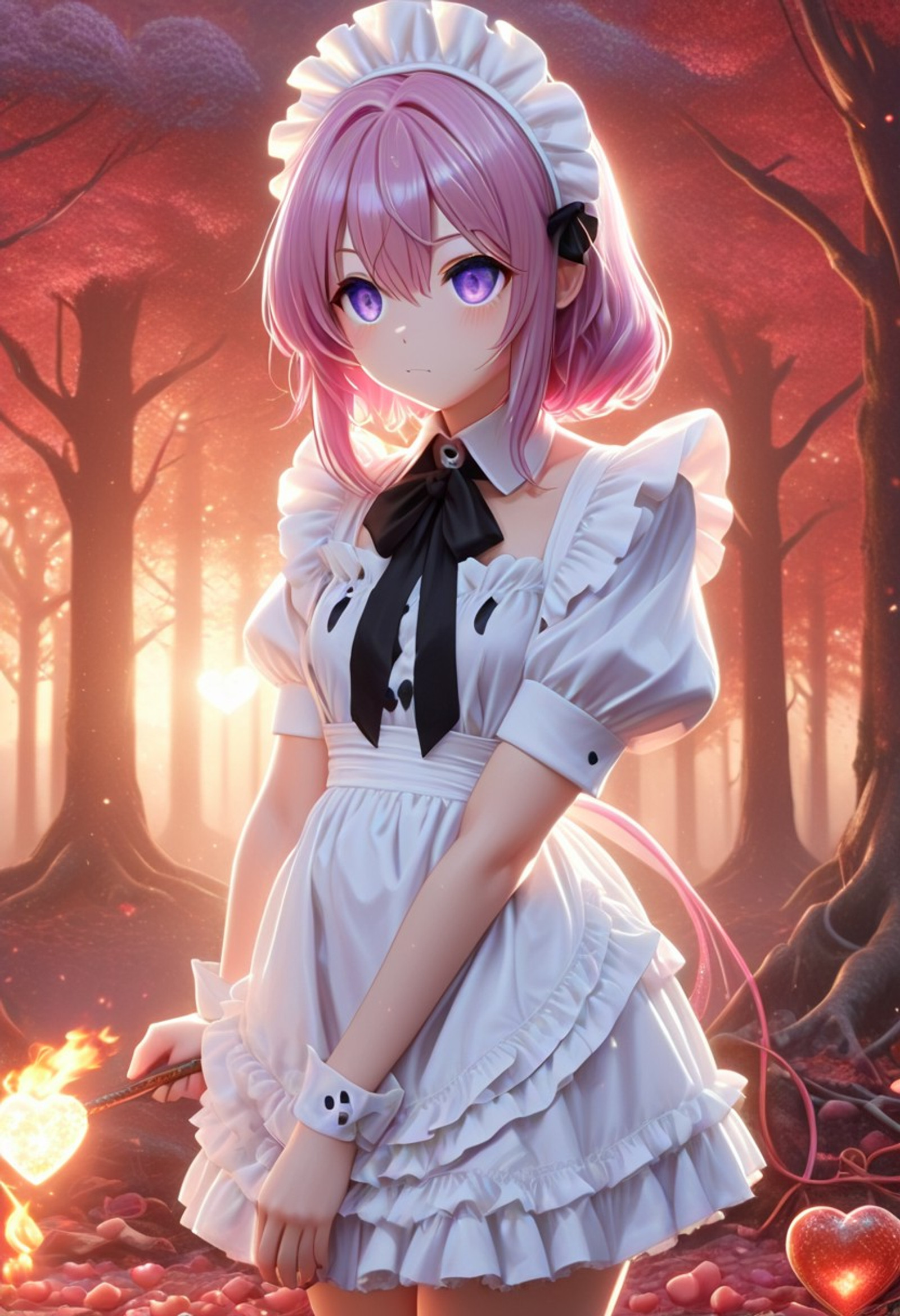 CivChan, anime, Masterpiece, best quality, ultra-detailed, highly detailed, 1girl, solo, purple eyes, pink hair, maid outfit, thigh high socks, close up, (flaming hearts), outdoors, sunset, nature, burning trees, medium hair, heart eyes, looking at viewer, strong desire and attraction, intense eye contact, close proximity, heat, fire, dramatic lighting