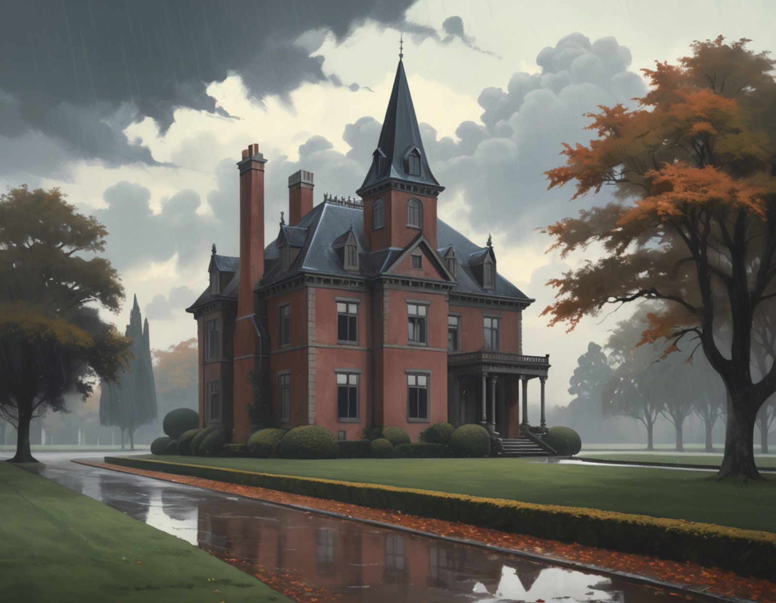 a gothic-style English estate with towering chimneys and ornate stonework, set in a vast park with winding gravel paths and rain-drenched hedges. Thunderclouds gather overhead, and the air is thick with mist. Rich autumn tones, cinematic realism, dramatic contrast, High quality, best quality, masterpiece, muted tones, desaturated colors, strong geometric architecture, loneliness, quiet introspection, stillness, melancholic atmosphere, 1940s American realism, mid-century architecture, vintage clothing styles,  oil painting texture, canvas brush strokes, in the style of an Edward Hopper painting