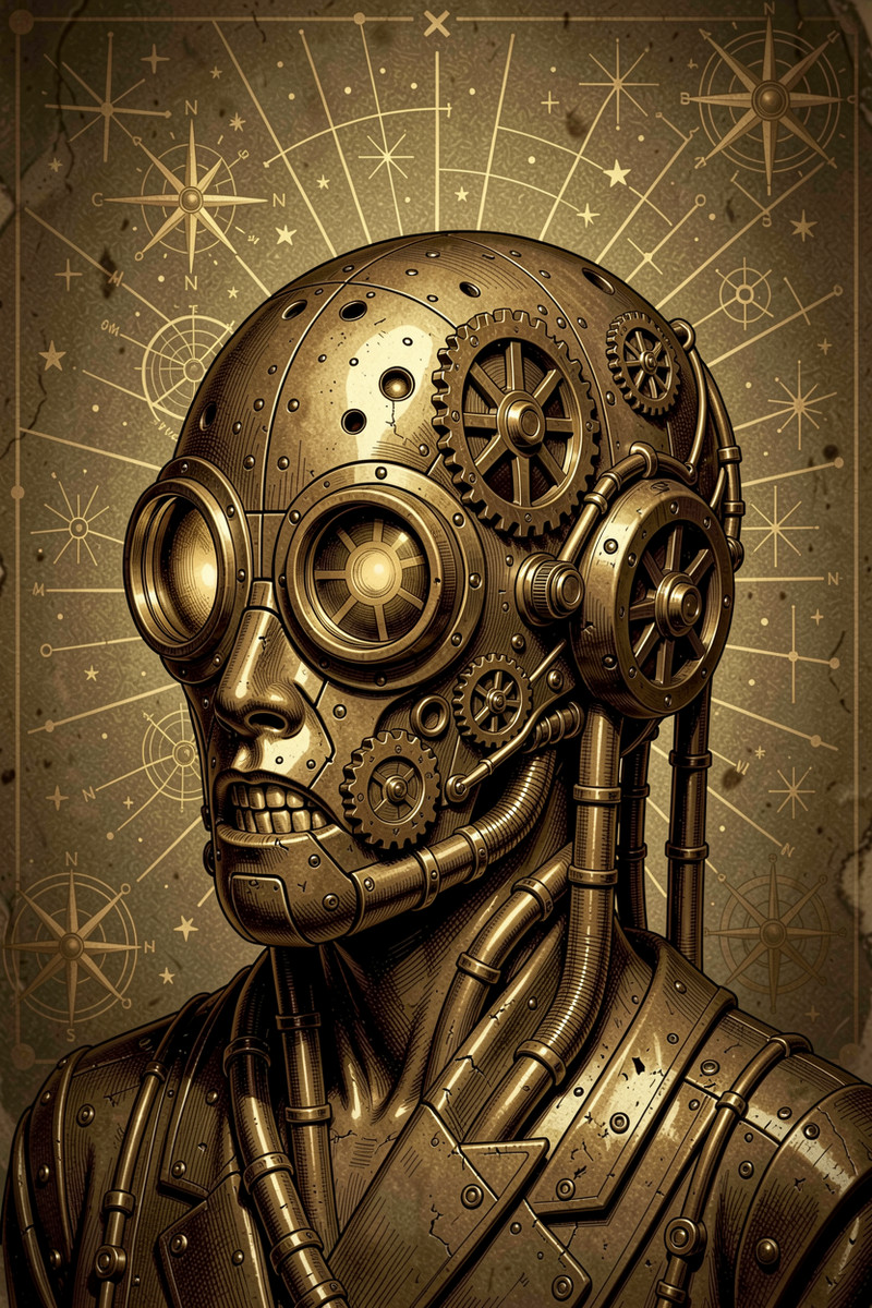 YFG-Mline. Steampunk robot head with detailed gears, pipes, and a round visor, set against a starry, patterned