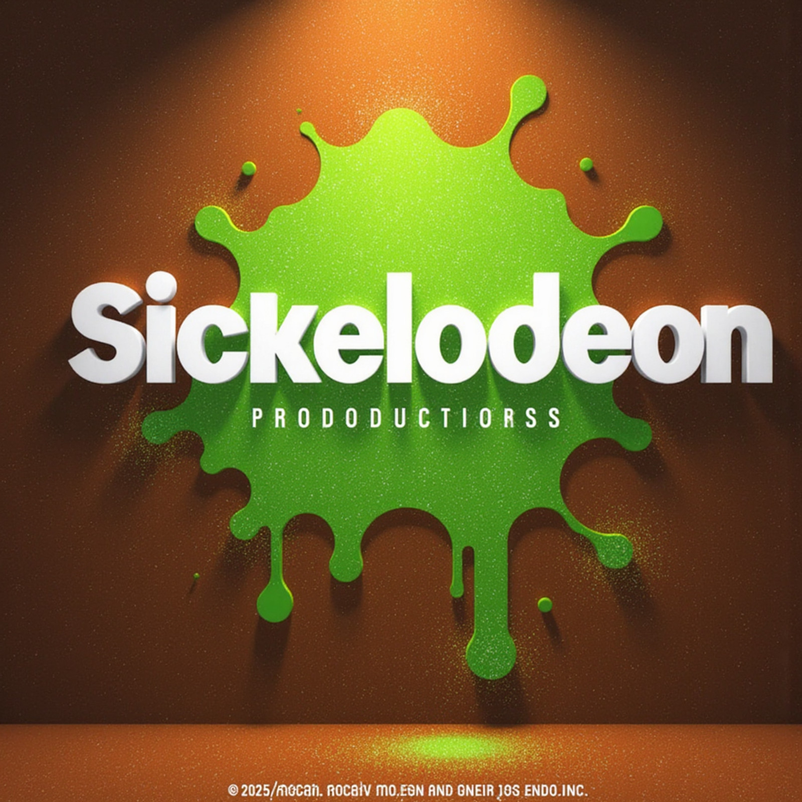 A striking logo for "Sickelodeon Productions," featuring an imaginative green vomit splat design that exudes a sense of chaotic fun. Above this splat, the word "Sickelodeon" is rendered in bold, chunky, and glossy white 3D letters, reflecting a playful and slightly mischievous character. The background is a rich, earthy brown that adds depth and contrast to the vibrant colors of the design. Beneath the main logo, the word "PRODUCTIONS" appears in a smaller yet equally engaging font, maintaining a playful tone. At the bottom, the © 2025 mocaiV International Inc. notice is subtly integrated in a smaller size, ensuring it feels cohesive with the overall design. The scene is illuminated with a soft, warm glow, enhancing the textures and colors of the logo, while an aura of whimsy permeates the atmosphere, drawing the viewer's attention with a stylized, graphic art approach.