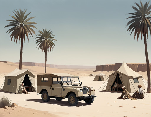 A desert oasis rest stop in North Africa, 1920s, travelers resting under palm trees, old Land Rover parked nearby, canvas tents, vintage explorer gear,, High quality, best quality, masterpiece, muted tones, desaturated colors, loneliness, quiet introspection, stillness, melancholic atmosphere, 1940s American realism, mid-century architecture, vintage clothing styles,  oil painting texture, canvas brush strokes, in the style of an Edward Hopper painting