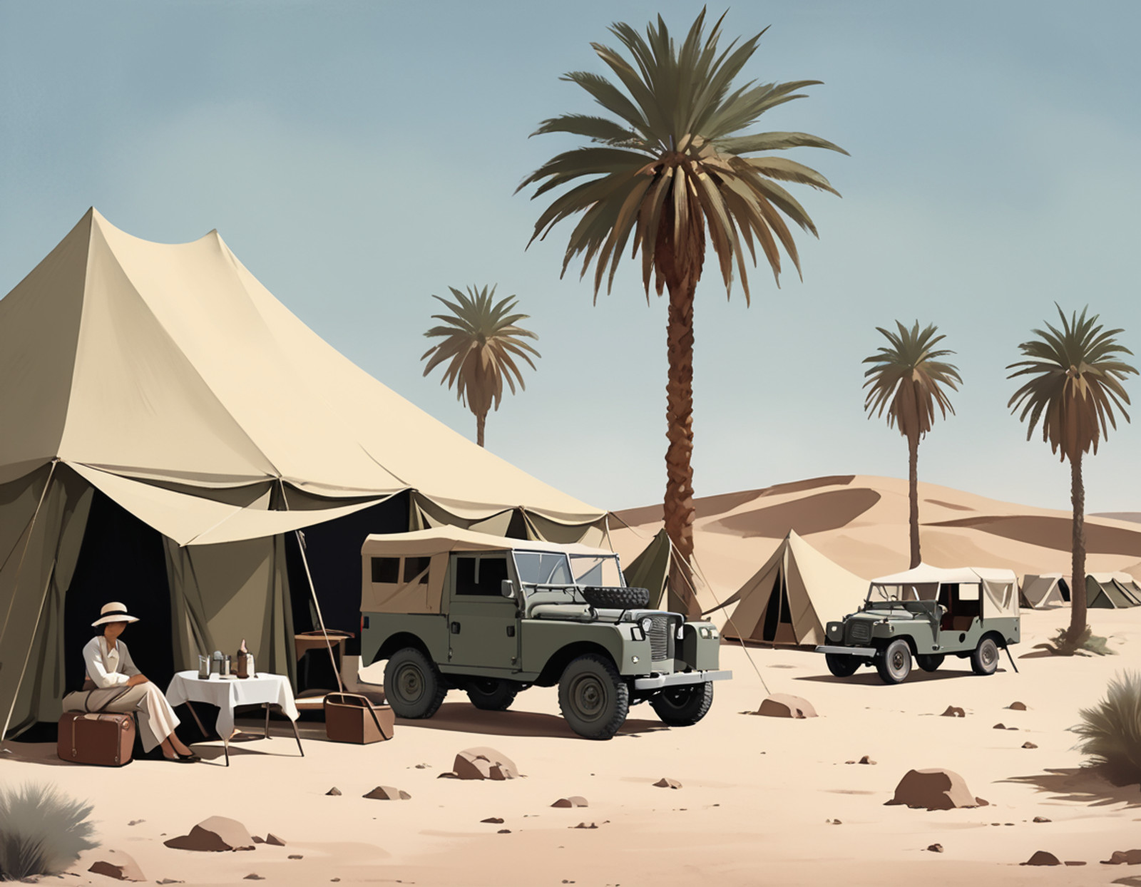 A desert oasis rest stop in North Africa, 1920s, travelers resting under palm trees, old Land Rover parked nearby, canvas tents, vintage explorer gear,, High quality, best quality, masterpiece, muted tones, desaturated colors, loneliness, quiet introspection, stillness, melancholic atmosphere, 1940s American realism, mid-century architecture, vintage clothing styles,  oil painting texture, canvas brush strokes, in the style of an Edward Hopper painting