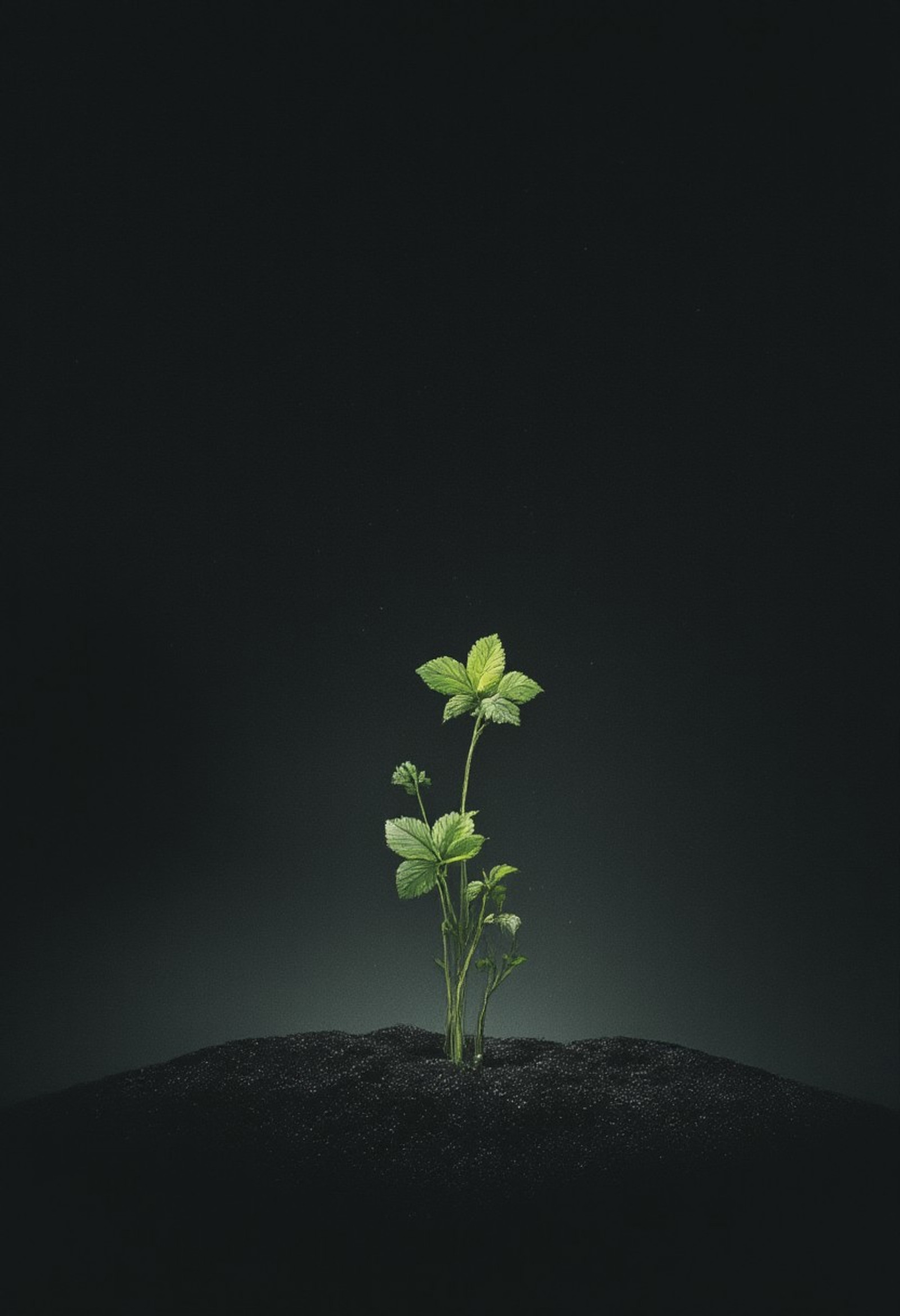 Glwoing minimalistic sprout in a starry sand filed, dark sand