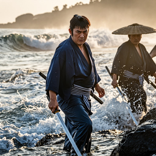chonmage."A man in traditional Japanese attire stands defiantly against a turbulent sea, his face contorted in fierce determination. He wears a dark blue kimono, his hair tied back in a topknot, gripping a katana sword at his side. His hand rests upon the hilt, fingers curled around the black tsuka adorned with white lacquer patterns. The ocean behind him churns violently, waves crashing over rocks and splashing water droplets across his clothing. To his right, another figure wearing a wide-brimmed straw hat holds an additional blade, partially obscured by motion blur. Both figures appear soaked and battered, embodying resilience amidst chaos. Sunlight reflects off the wet fabric and metal blades, creating sharp contrasts between light and shadow. A soft golden hue illuminates parts of the background, suggesting early morning mist rising above the horizon." <lora:p4j:1> <lora:mushiri:0.90>