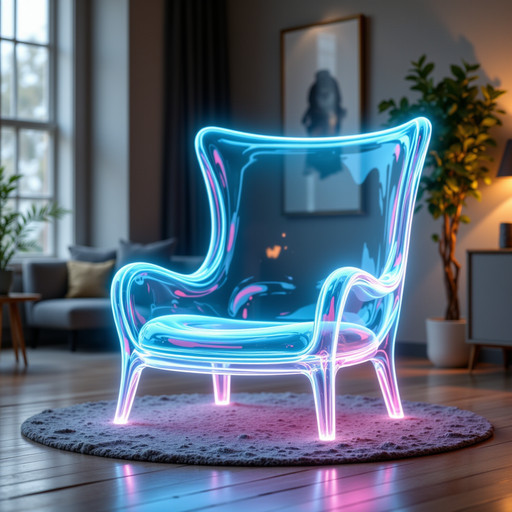 a half-transparent glowing Scandinavian armchair appearing as an augmented reality object in a modern living room, glowy edges, transparent glowing legs, perfectly clean surface, realistic room lighting and shadows, digital overlay aesthetic, smartphone AR demo style, 4k <lora:FL_IL_detailer:0.8>