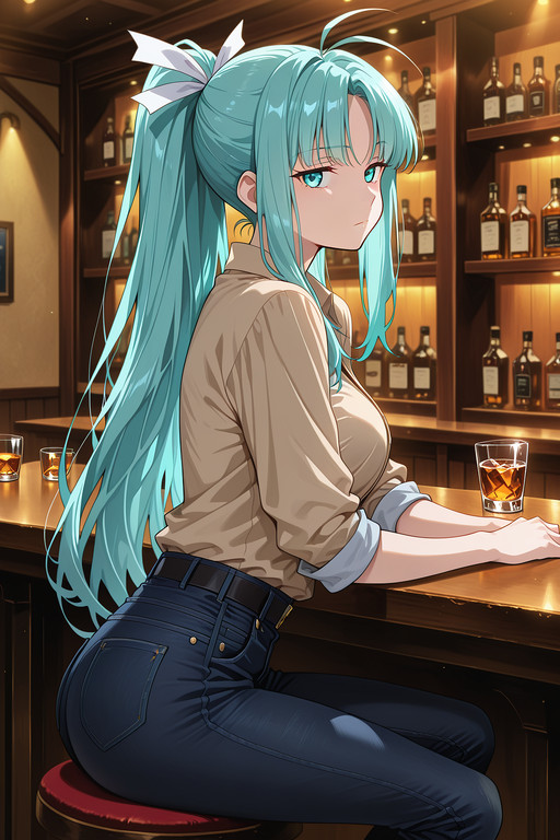 masterpiece, best quality, amazing quality, very aesthetic, absurdres, newest, anime screencap, anime colouring, highres, very detailed, anime, good anatomy, unholy-aesthetic, ultra detailed face,ultra detailed eyes, perfect eyes,

herencia,

night, bar (place), indoors,

1girl, solo,

m1a, aqua hair, parted bang, high ponytail, long hair, antenna hair, sidelocks, aqua eyes, medium breasts,
hair ribbon, white ribbon,

business shirt, beige shirt, black jeans, (low jeans:1.2), black belt, rolled up sleeves,

whiskey glass,

{
sitting|
sitting, from above|
sitting, from behind|
sitting, sideview|
sitting, leg spread|
sitting, head resting on hand|
sitting, dynamic pose
},

bored, 

looking at viewer,

addmicrodetails,